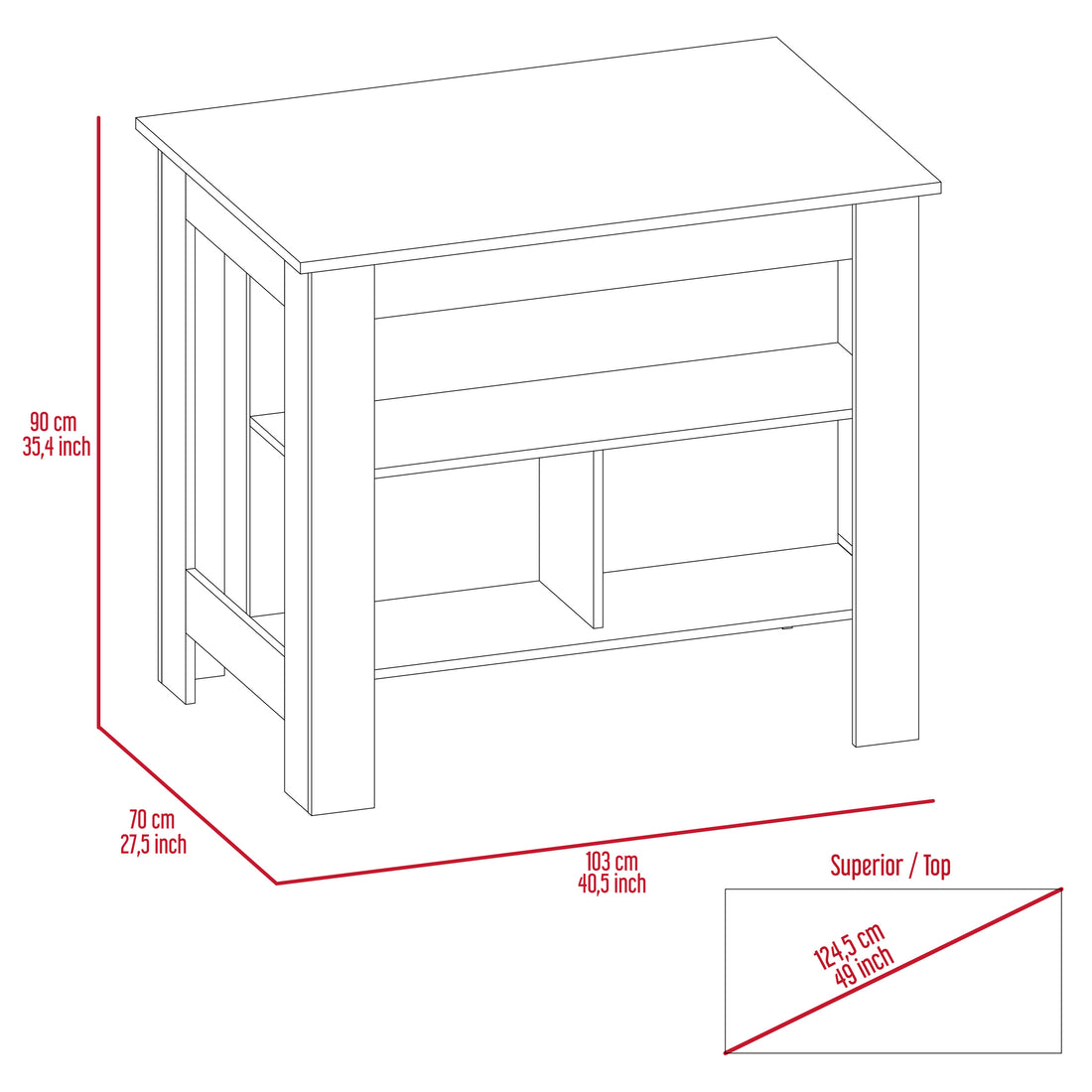 Kitchen Island, Kitchen Table 35" H, Four Legs, Three Open Storage Shelves, White Onix Multicolor Particle Board Particle Board