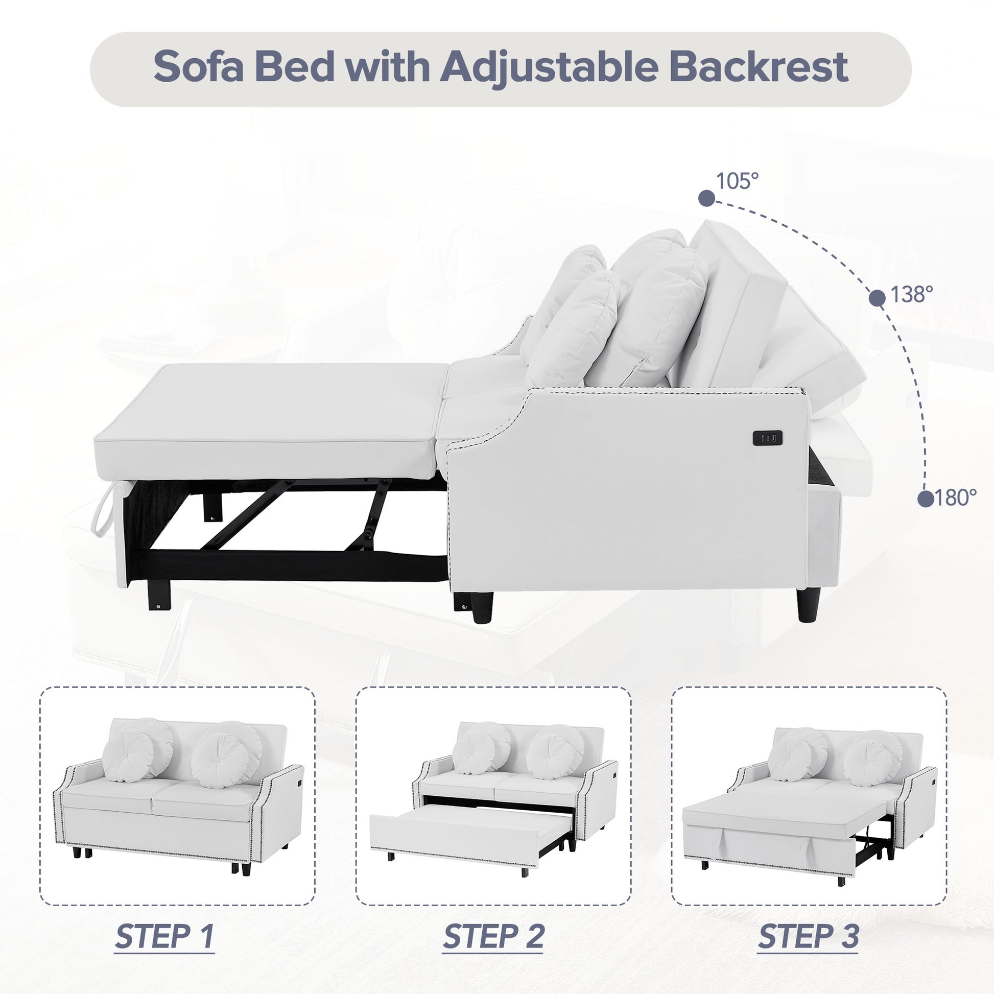 54.7" Multiple Adjustable Positions Sofa Bed Stylish Sofa Bed With A Button Tufted Backrest, Two Usb Ports And Four Floral Lumbar Pillows For Living Room, Bedroom,Or Small Space, Beige Beige Foam Polyester 2 Seat
