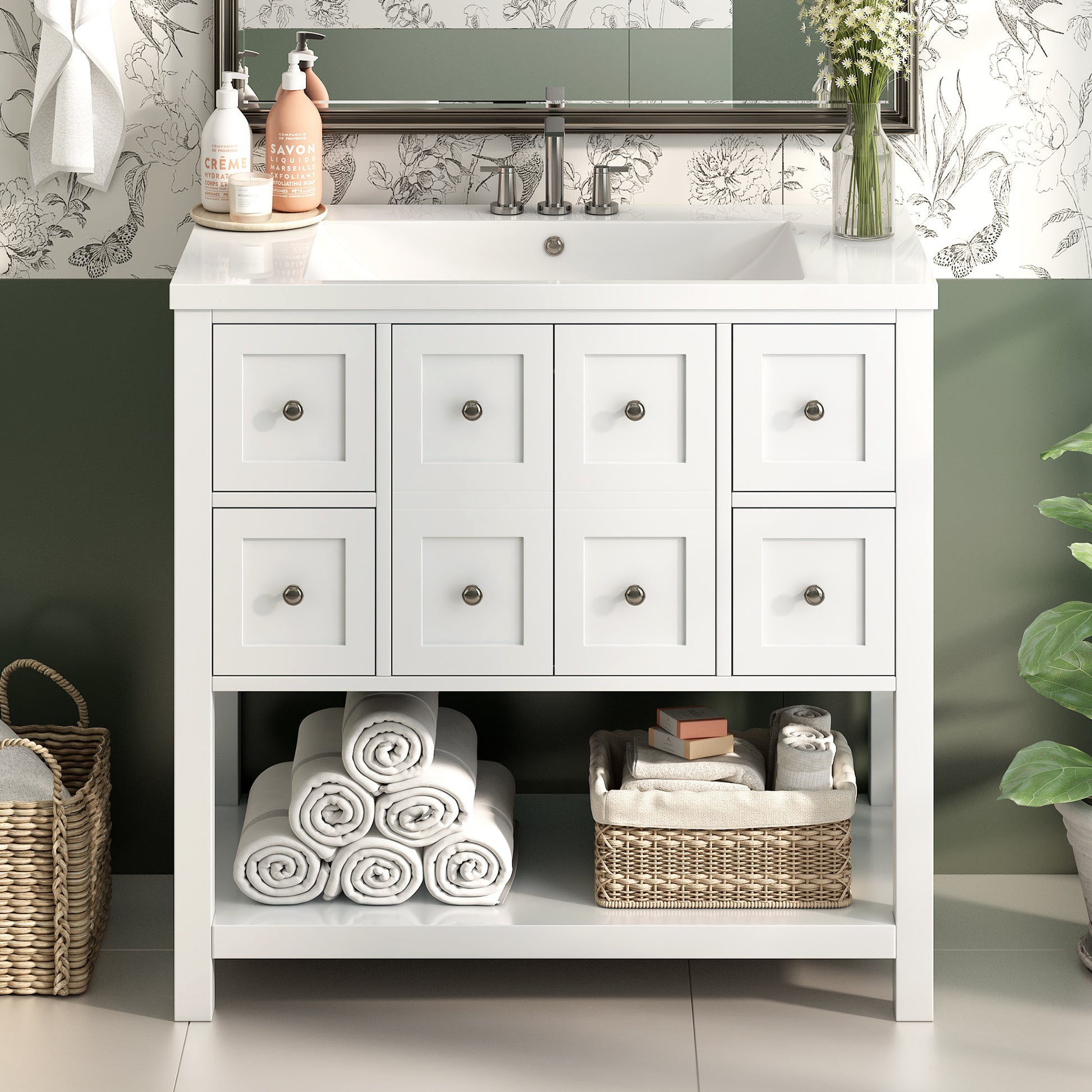 36'' Bathroom Vanity With Undermount Sink,Free Standing Vanity Set With 4 Drawers& Soft Closing Doors,Solid Wood Frame Bathroom Storage Cabinet 4 White 2 2 Adjustable Hinges Bathroom Freestanding Solid Wood Mdf Resin Painted