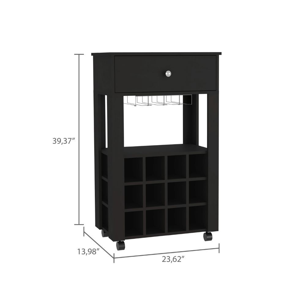 39" H Black Bar Coffee Cart, Kitchen Or Living Room Cabinet Storage, With 12 Bottle Racks, A Central Shelf With 1 Cup Holders, 1 Drawer Ideal For Storing Small Things Black Particle Board Particle Board