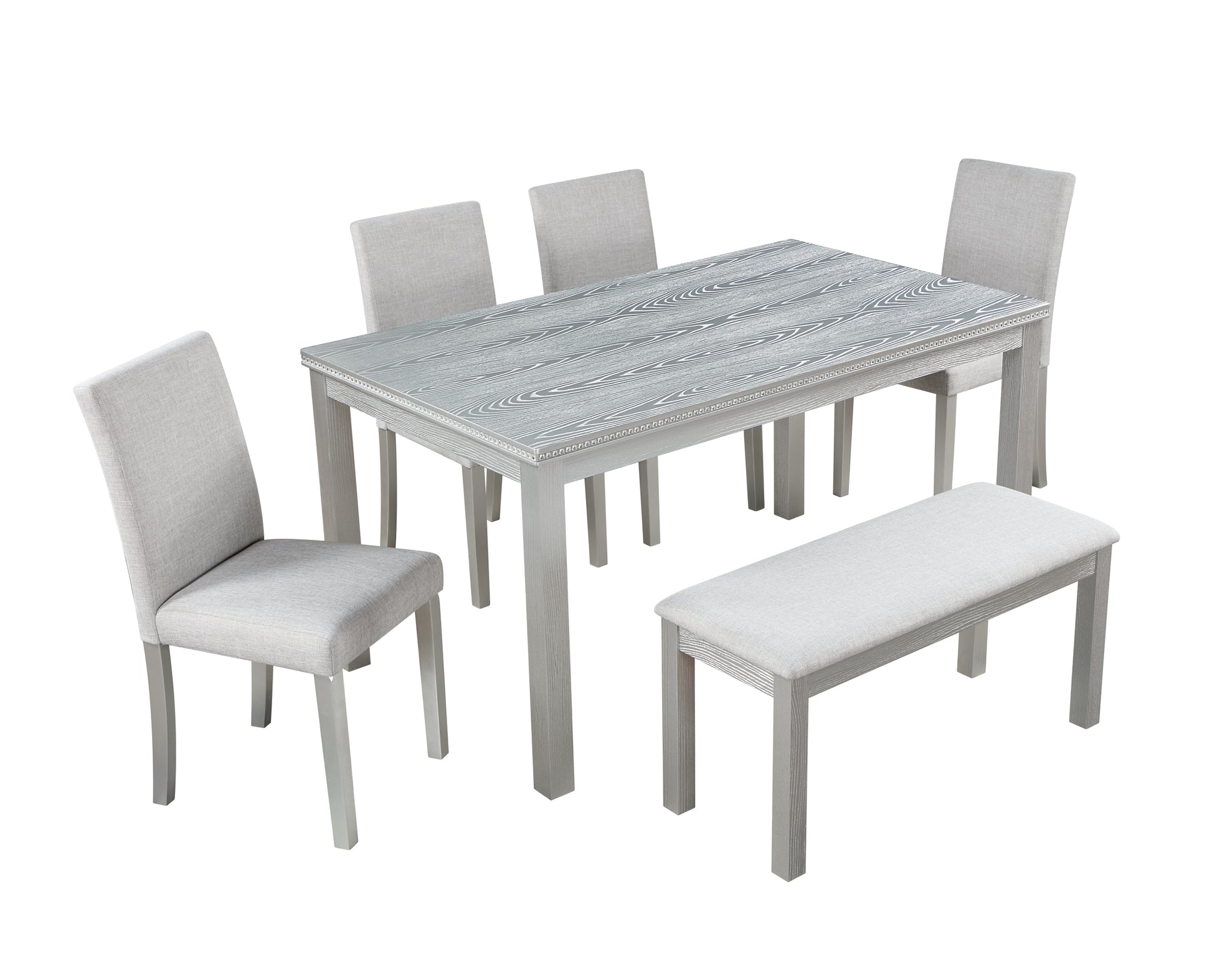 Wooden Dining Rectangular Table With Bench, Kitchen Table With Bench For Small Space, 6 Person Dining Table, Silver Grey Beige Silver Gray Seats 6 Dining Room Rectangular 4 Leg Rectangular Dining Table With Chair And Bench Solid Wood Mdf