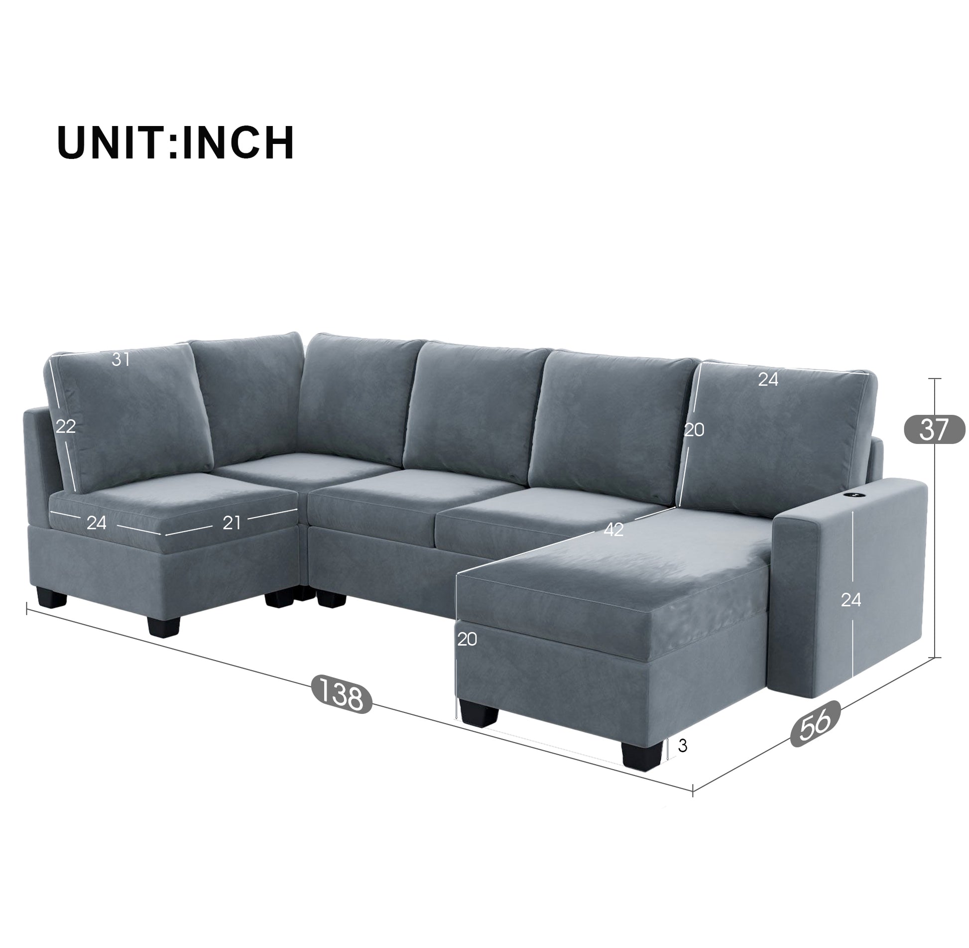 138*56" Modern L Shape Sectional Sofa, 6 Seat Velvet Fabric Couch With Convertible Chaise Lounge,Freely Combinable Indoor Furniture For Living Room, Apartment, Office,3 Colors Grey Velvet 6 Seat