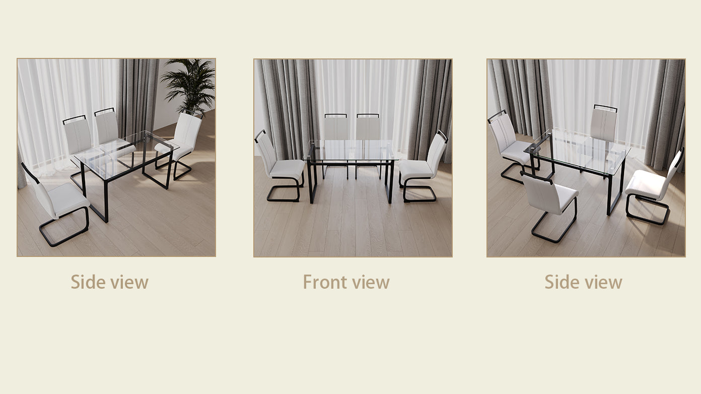 51 Inch Glass Dining Table Set For 4, Dining Table & Chair Sets With Black Metal Legs For Kitchen, Modern Rectangle Tempered Glass Table Top And Pu Dining Armless Chair For Dining Room Transparent Glass