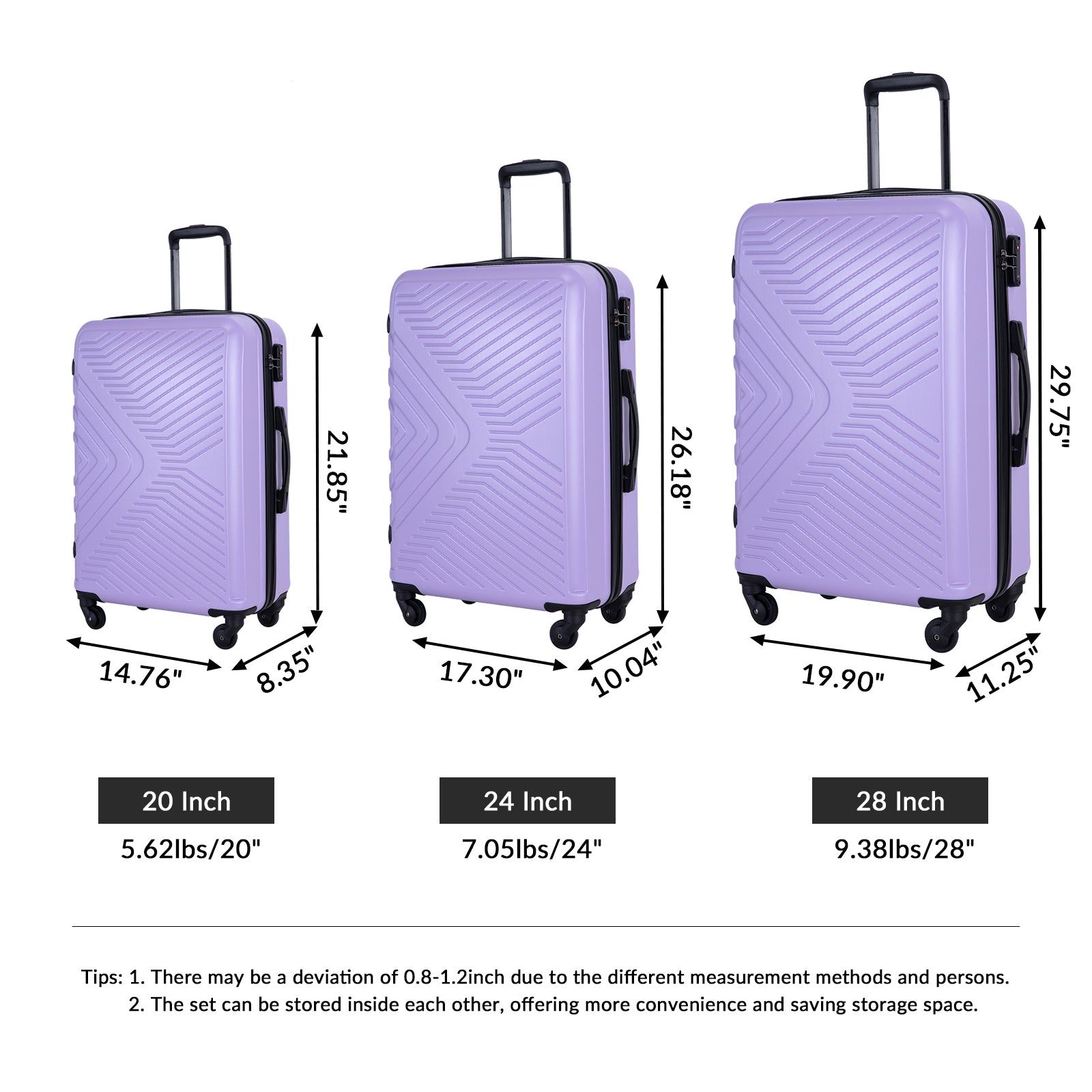 3 Piece Luggage Sets Abs Lightweight Suitcase With Two Hooks, Spinner Wheels, Tsa Lock, 20 24 28 , Light Purple Light Purple Abs