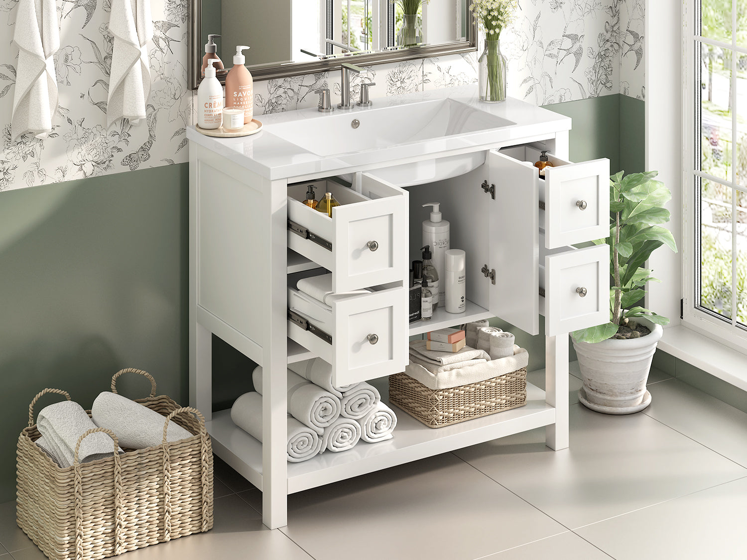 36'' Bathroom Vanity With Undermount Sink,Free Standing Vanity Set With 4 Drawers& Soft Closing Doors,Solid Wood Frame Bathroom Storage Cabinet 4 White 2 2 Adjustable Hinges Bathroom Freestanding Solid Wood Mdf Resin Painted