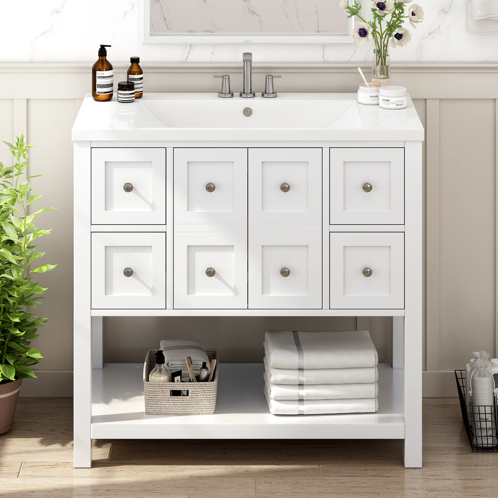 36'' Bathroom Vanity With Undermount Sink,Free Standing Vanity Set With 4 Drawers& Soft Closing Doors,Solid Wood Frame Bathroom Storage Cabinet 4 White 2 2 Adjustable Hinges Bathroom Freestanding Solid Wood Mdf Resin Painted