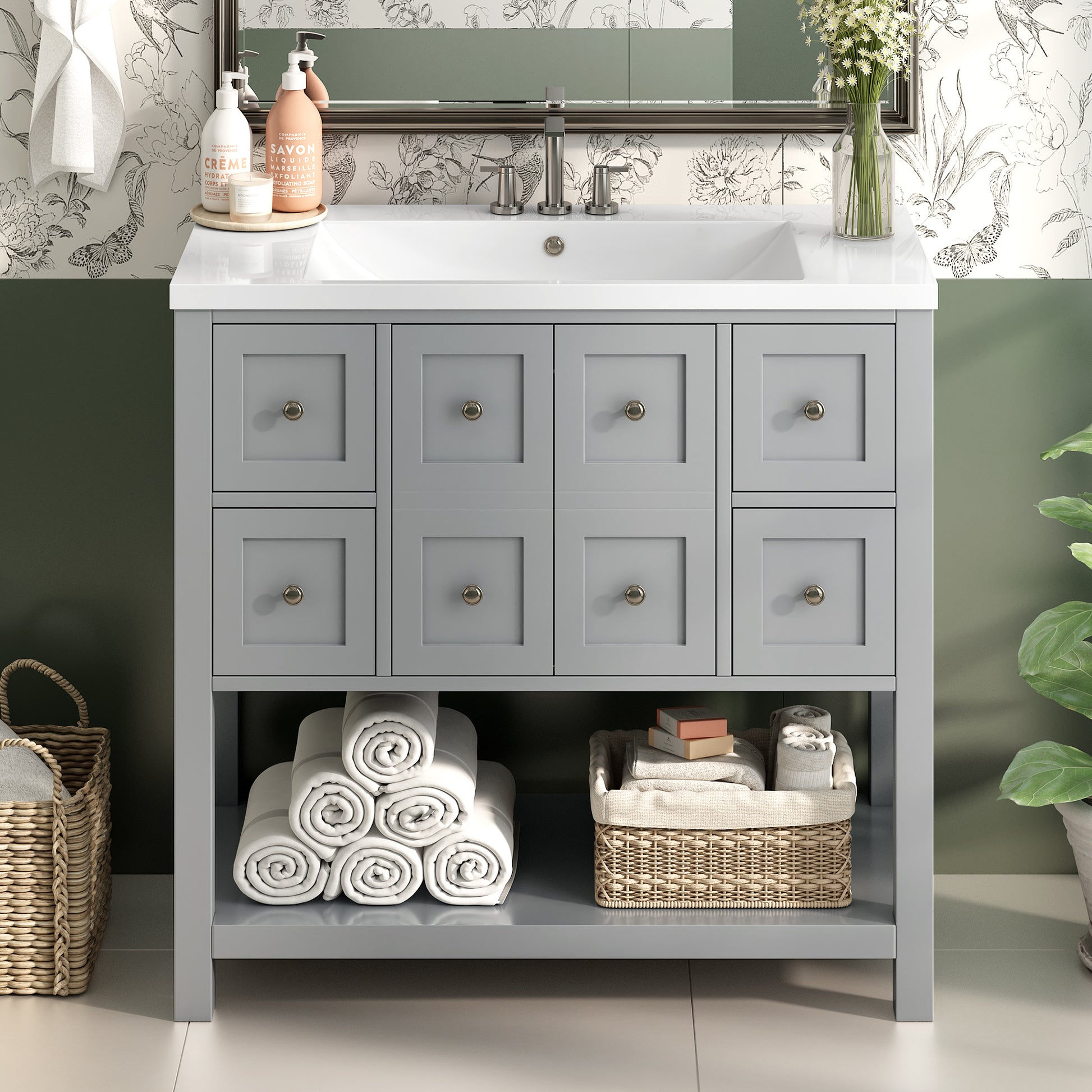 36'' Bathroom Vanity With Undermount Sink,Free Standing Vanity Set With 4 Drawers& Soft Closing Doors,Solid Wood Frame Bathroom Storage Cabinet 4 Grey 2 2 Adjustable Hinges Bathroom Freestanding Solid Wood Mdf Resin Painted