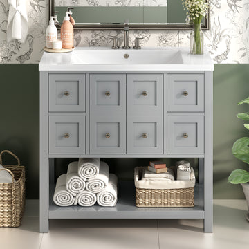 36'' Bathroom Vanity With Undermount Sink,Free Standing Vanity Set With 4 Drawers& Soft Closing Doors,Solid Wood Frame Bathroom Storage Cabinet 4 Grey 2 2 Adjustable Hinges Bathroom Freestanding Solid Wood Mdf Resin Painted