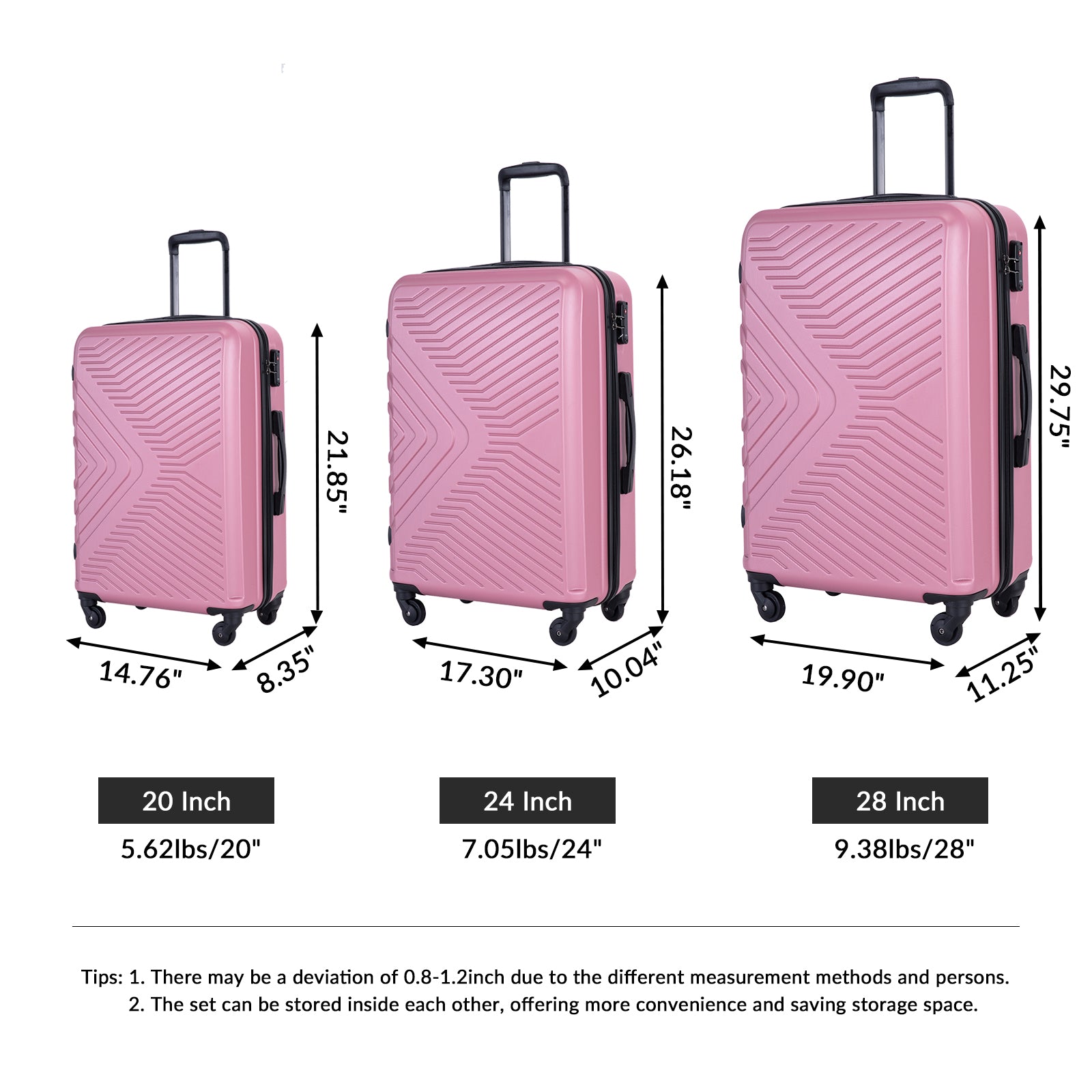 3 Piece Luggage Sets Abs Lightweight Suitcase With Two Hooks, Spinner Wheels, Tsa Lock, 20 24 28 , Pink Pink Abs