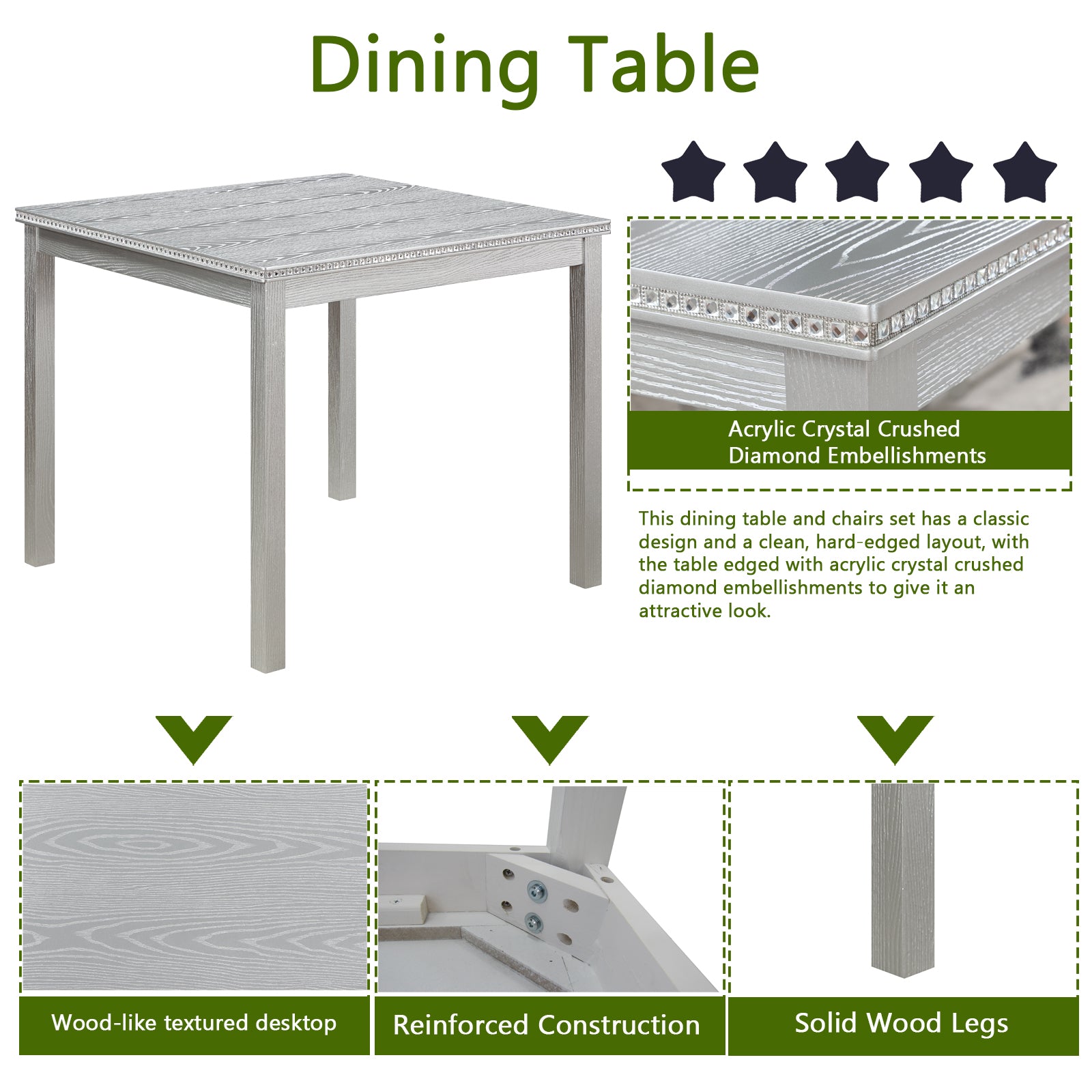5 Piece Wooden Dining Table Set, Kitchen Table Set With A Square Table And 4 Upholstered Chairs, Wooden Dining Room Table With Crystal Decoration And Chairs Set For Kitchen, Dining Room, Silver Grey Beige Silver Gray Seats 4 Dining Room 4 Leg Square