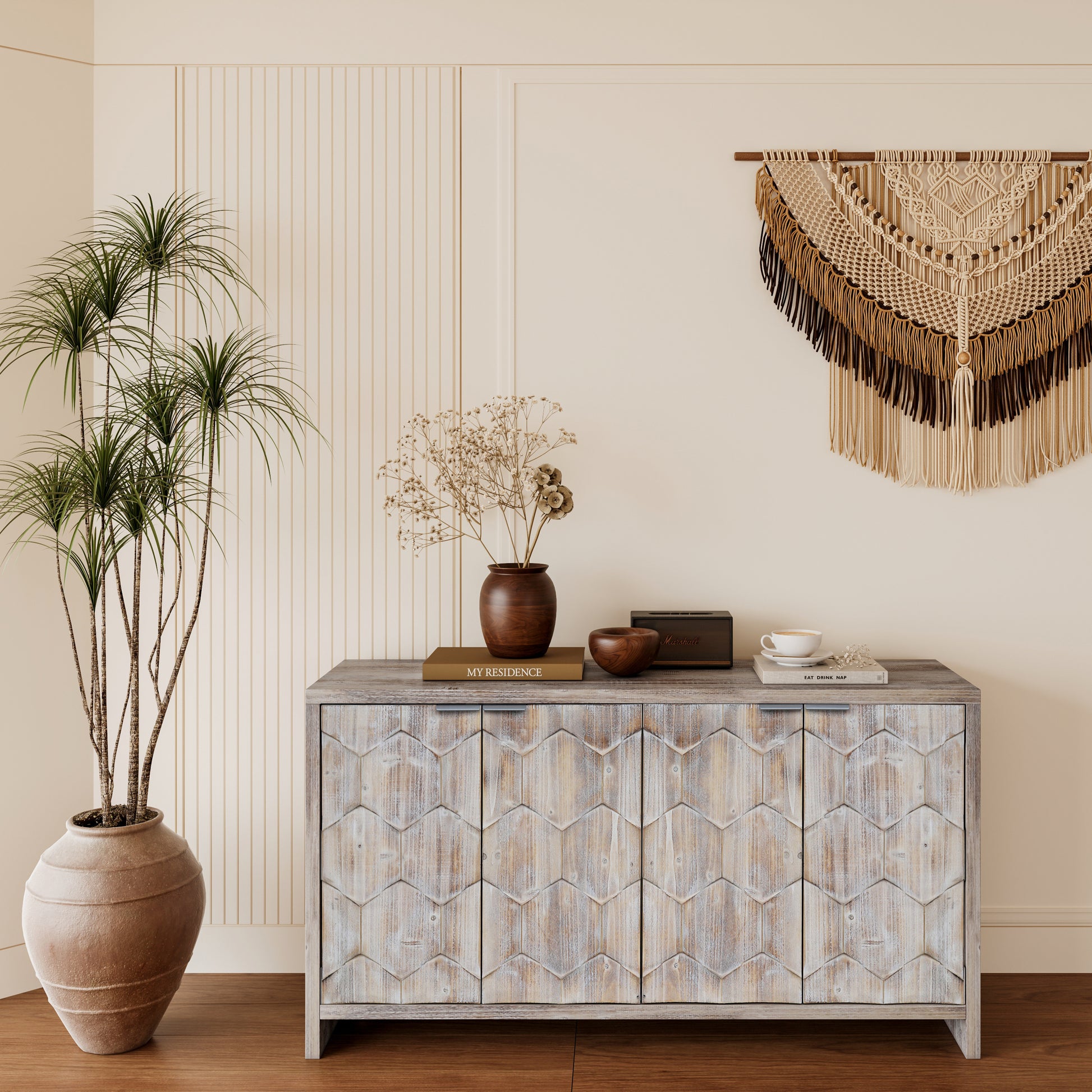 Accent Cabinet Farmhouse Style 4 Door Wooden Cabinet Sideboard Buffet Server Cabinet Storage Cabinet, For Living Room, Entryway, Hallway, Office, Kitchen And Dining Room, Natural Wood Wash Natural