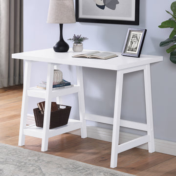 Redina Contemporary Wood Writing Desk With Storage, White White Rubber Wood