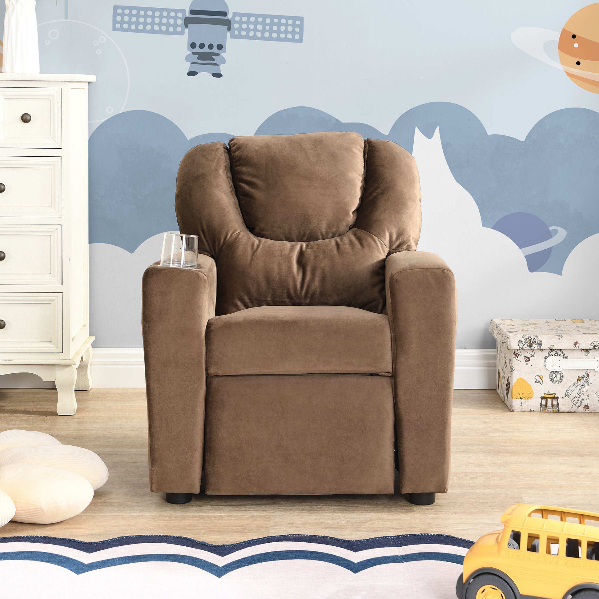 Kids Recliner Chair, Kids Upholstered Couch With One Cup Holder, Footrest, Backrest, Toddlers Velvet Recliner With Headrest And Footrest Brown Velvet