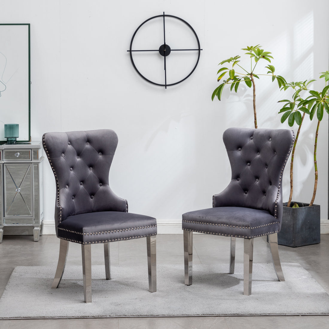 Montura Contemporary Tufted Velvet Chair With Trim, Set Of 2, Gray Gray Velvet