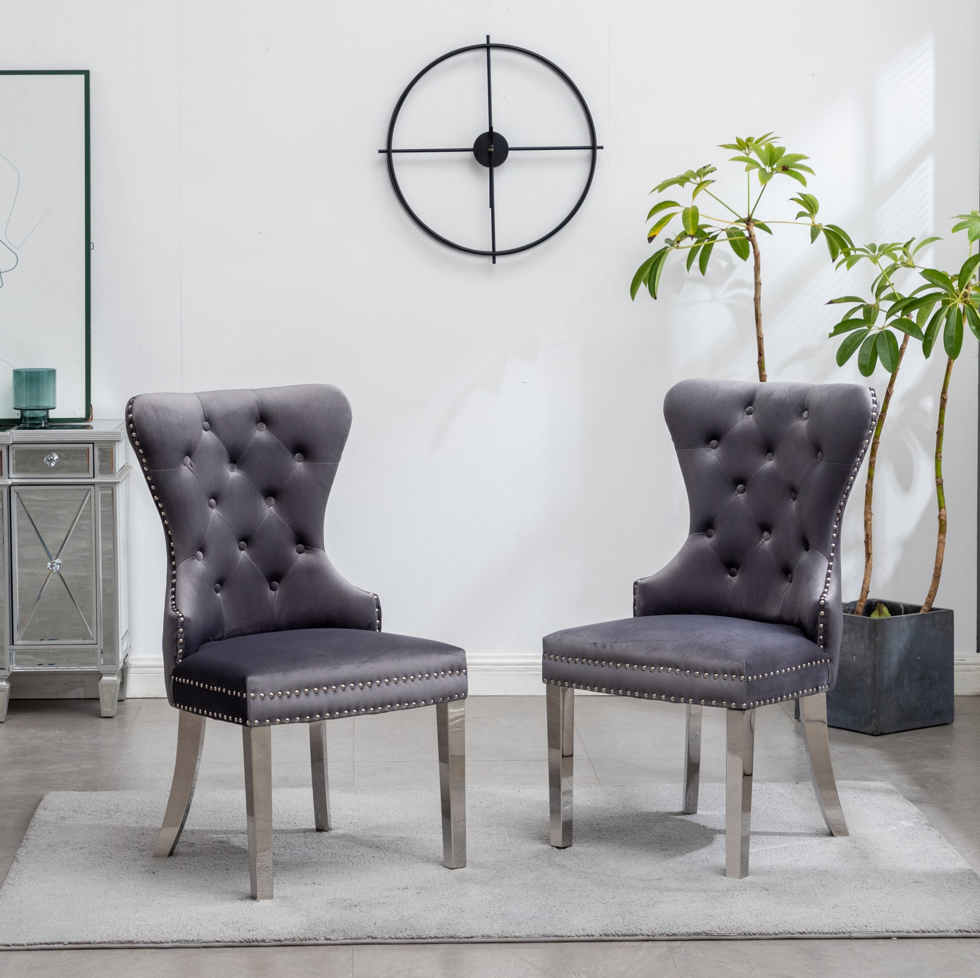 Montura Contemporary Tufted Velvet Chair With Trim, Set Of 2, Gray Gray Velvet