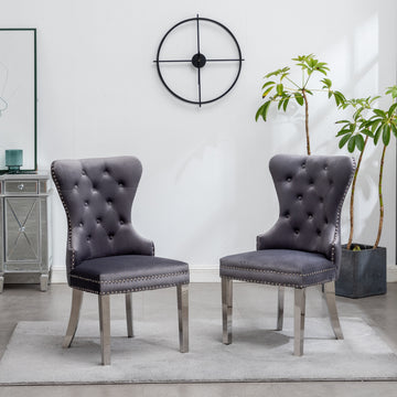Montura Contemporary Tufted Velvet Chair With Trim, Set Of 2, Gray Gray Velvet