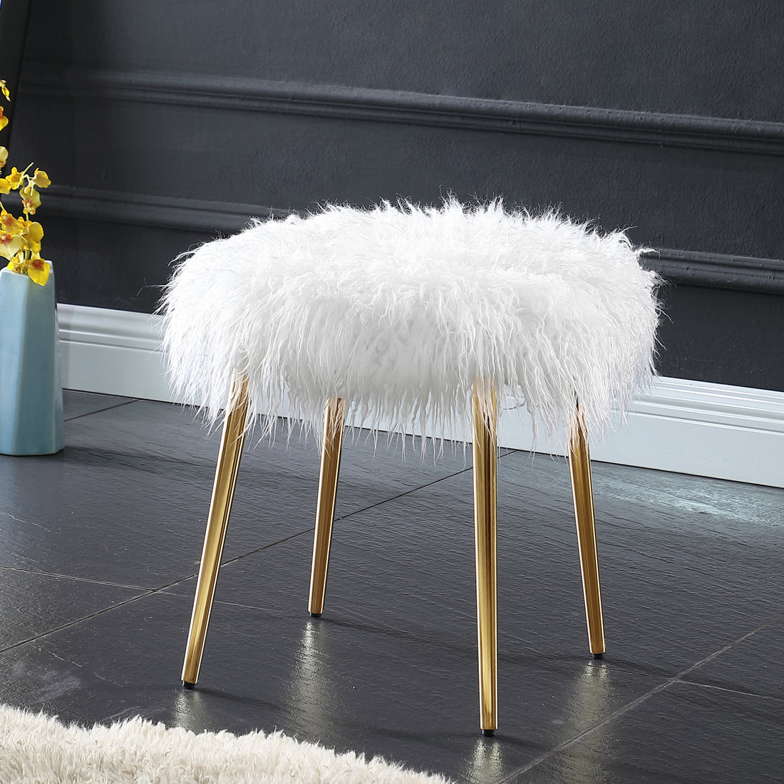 Ravni Faux Fur Accent Ottoman With Gold Legs White Faux Fur