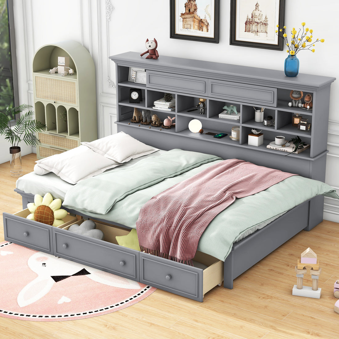 Twin Size Wood Daybed With Multi Storage Shelves, Charging Station And 3 Drawers, Gray Box Spring Not Required Twin Gray Wood Solid Wood Mdf