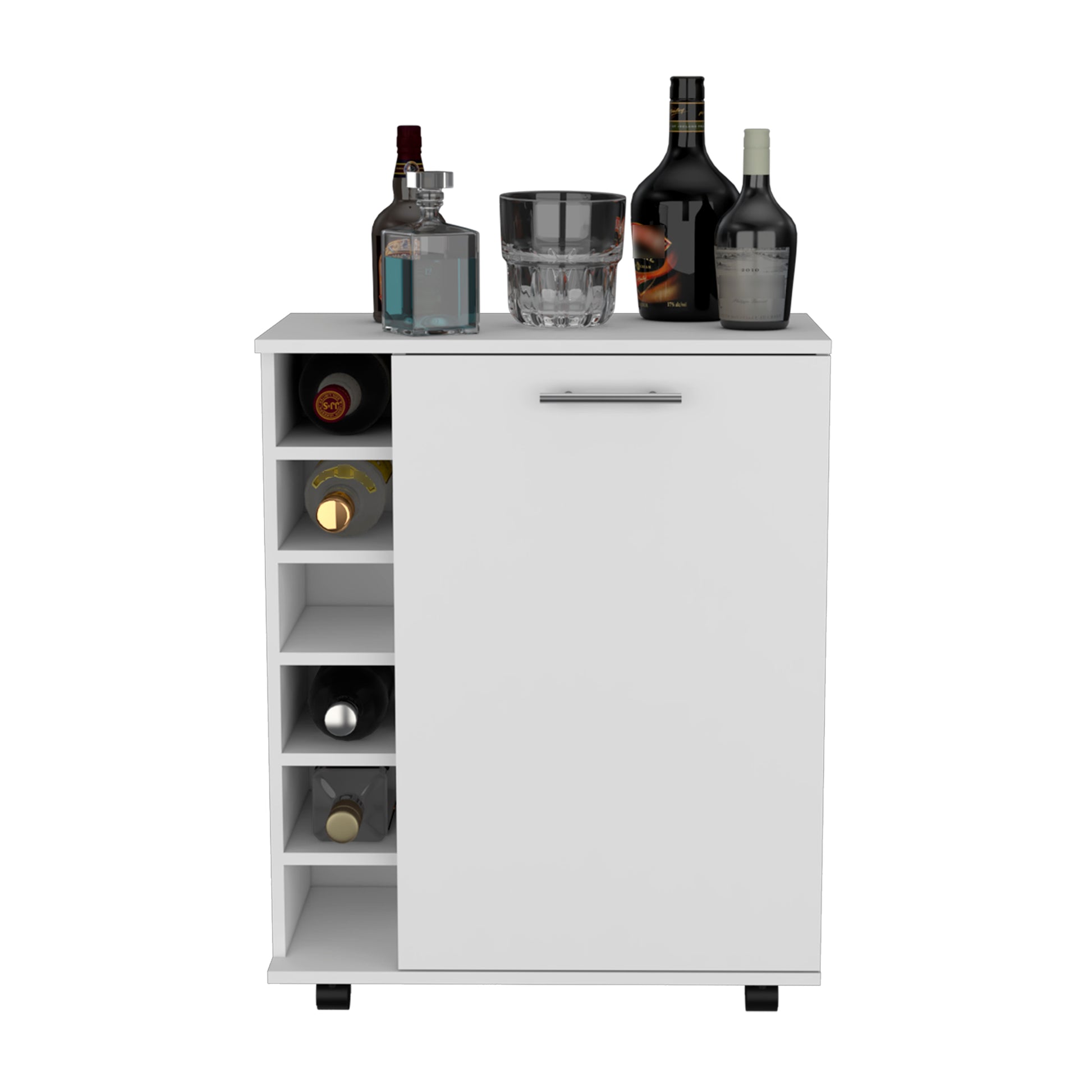 32" H White Bar Coffee Cart, Kitchen Or Living Room Cabinet Storage With 4 Wheels, With 6 Bottle Racks, A Central Shelf Covered By 1 Door, Ideal For Storing Glasses And Snacks White Particle Board