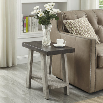 Athens Contemporary Two Tone Wood Shelf Side Table In Weathered Walnut And Gray Multicolor Wood