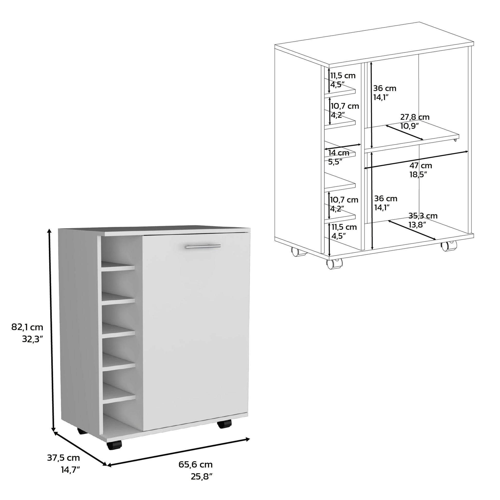 32" H White Bar Coffee Cart, Kitchen Or Living Room Cabinet Storage With 4 Wheels, With 6 Bottle Racks, A Central Shelf Covered By 1 Door, Ideal For Storing Glasses And Snacks White Particle Board