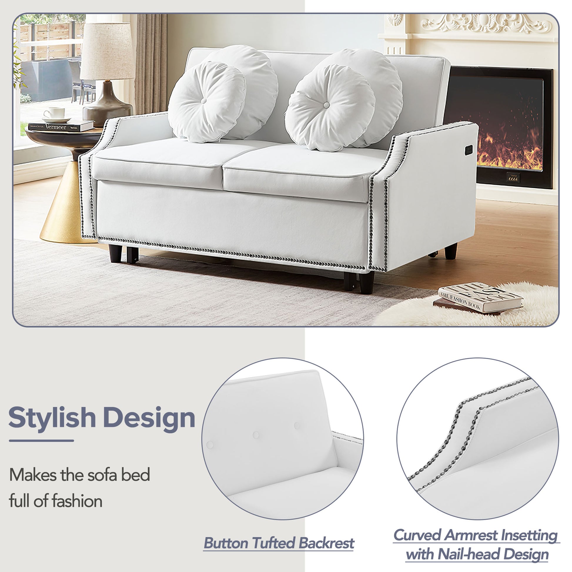 54.7" Multiple Adjustable Positions Sofa Bed Stylish Sofa Bed With A Button Tufted Backrest, Two Usb Ports And Four Floral Lumbar Pillows For Living Room, Bedroom,Or Small Space, Beige Beige Foam Polyester 2 Seat