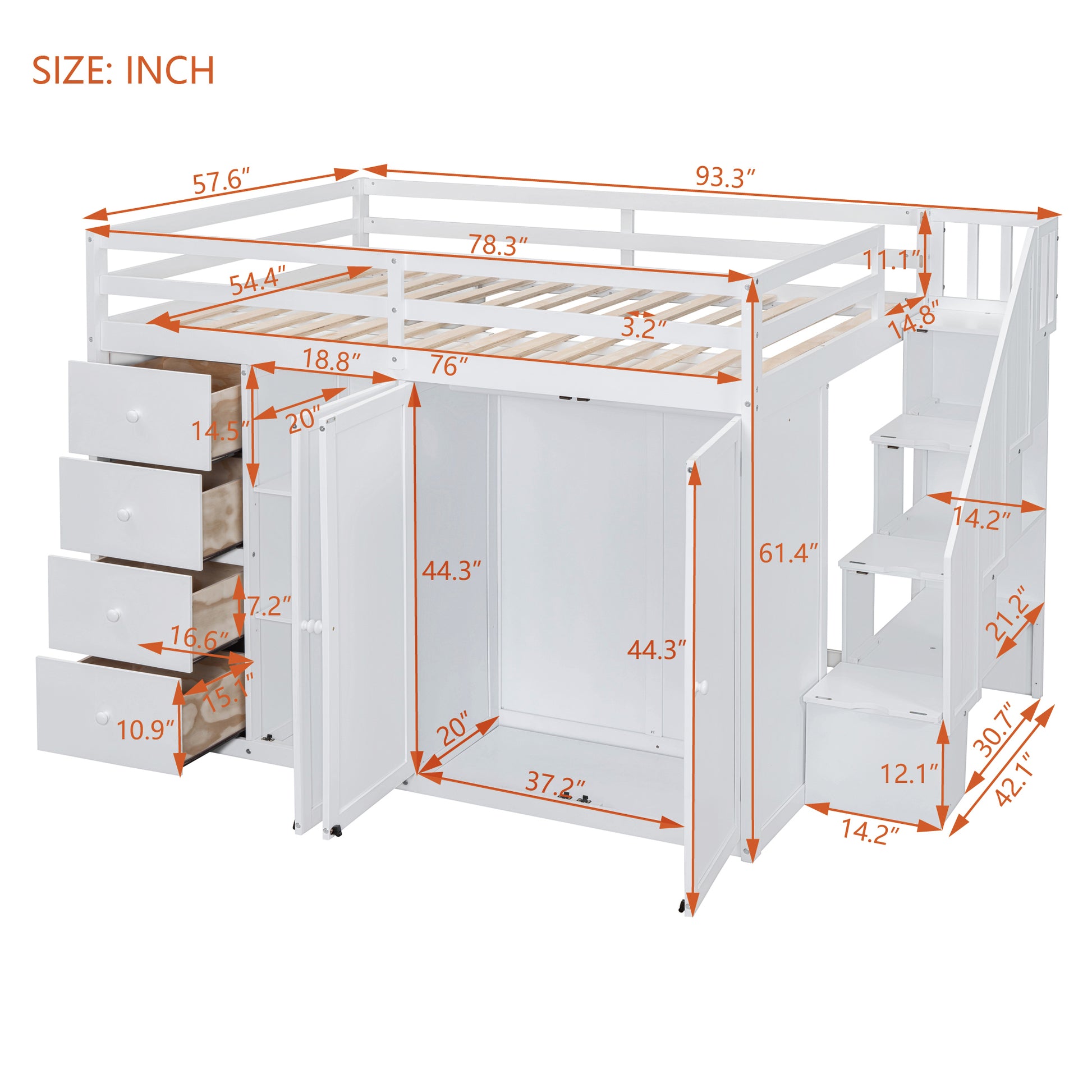 Full Size Wood Loft Bed With Built In Wardrobes, Cabinets And Drawers, White White Solid Wood Mdf