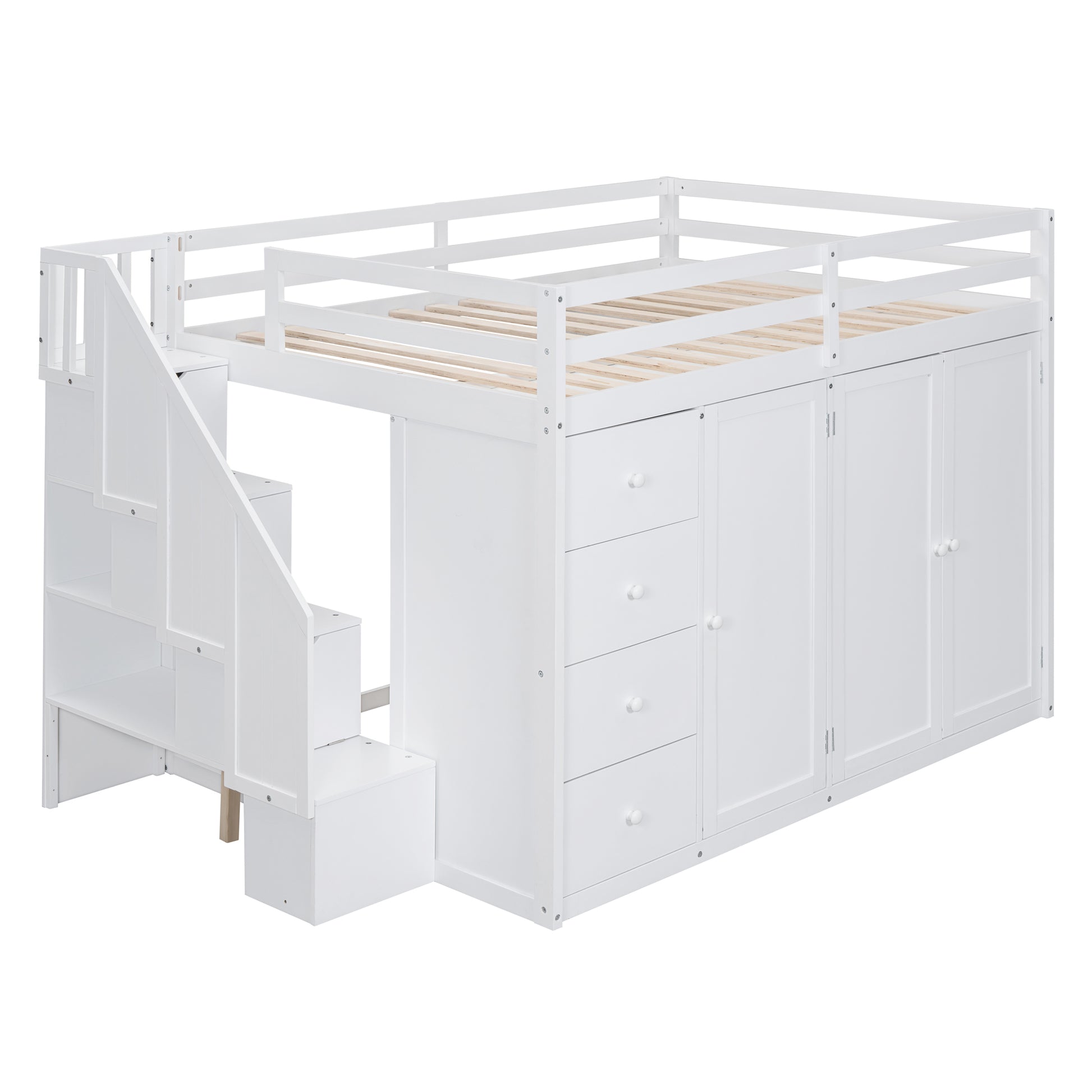 Full Size Wood Loft Bed With Built In Wardrobes, Cabinets And Drawers, White White Solid Wood Mdf