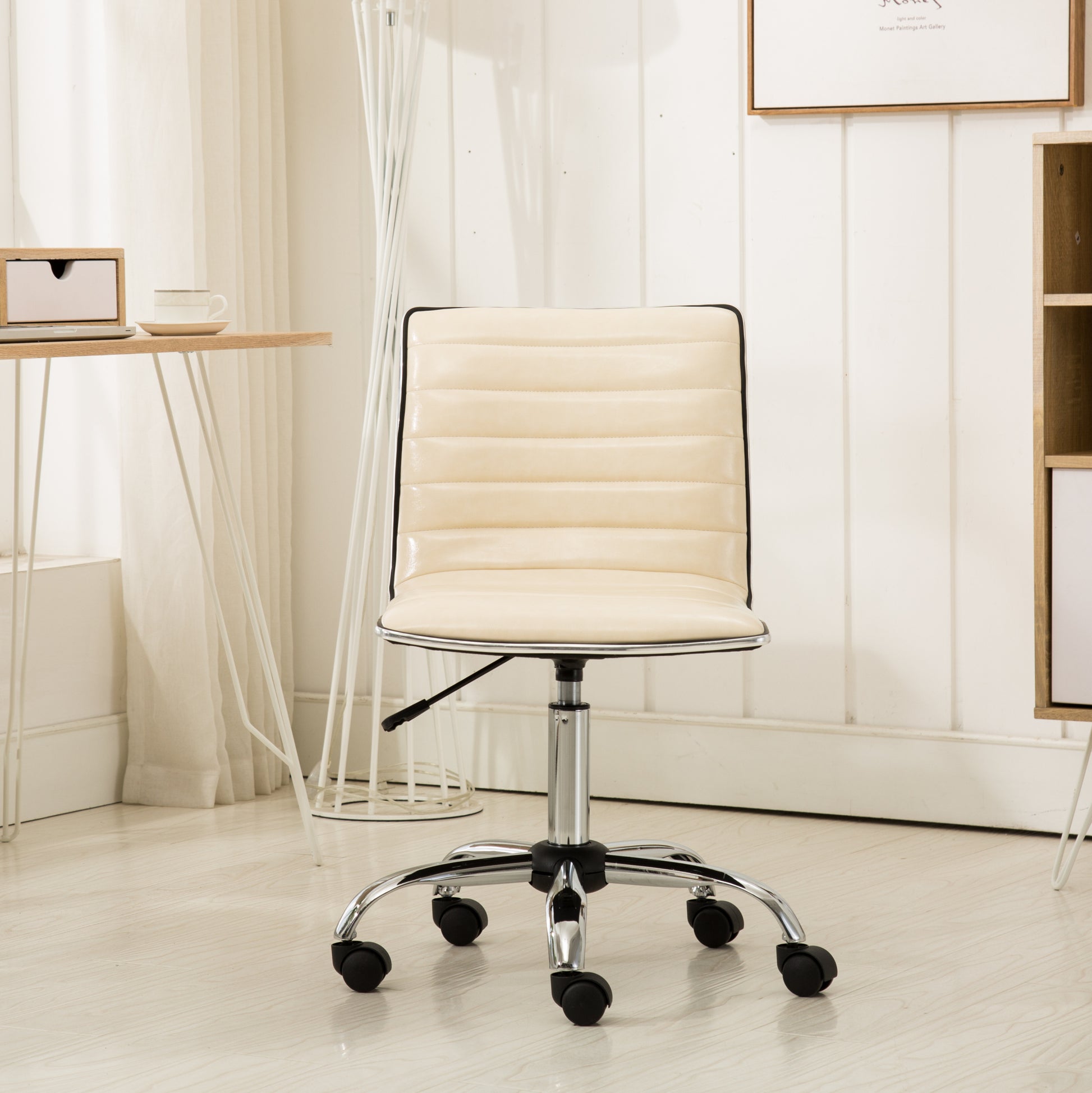 Fremo Chromel Adjustable Air Lift Office Chair, Beige Beige Faux Leather