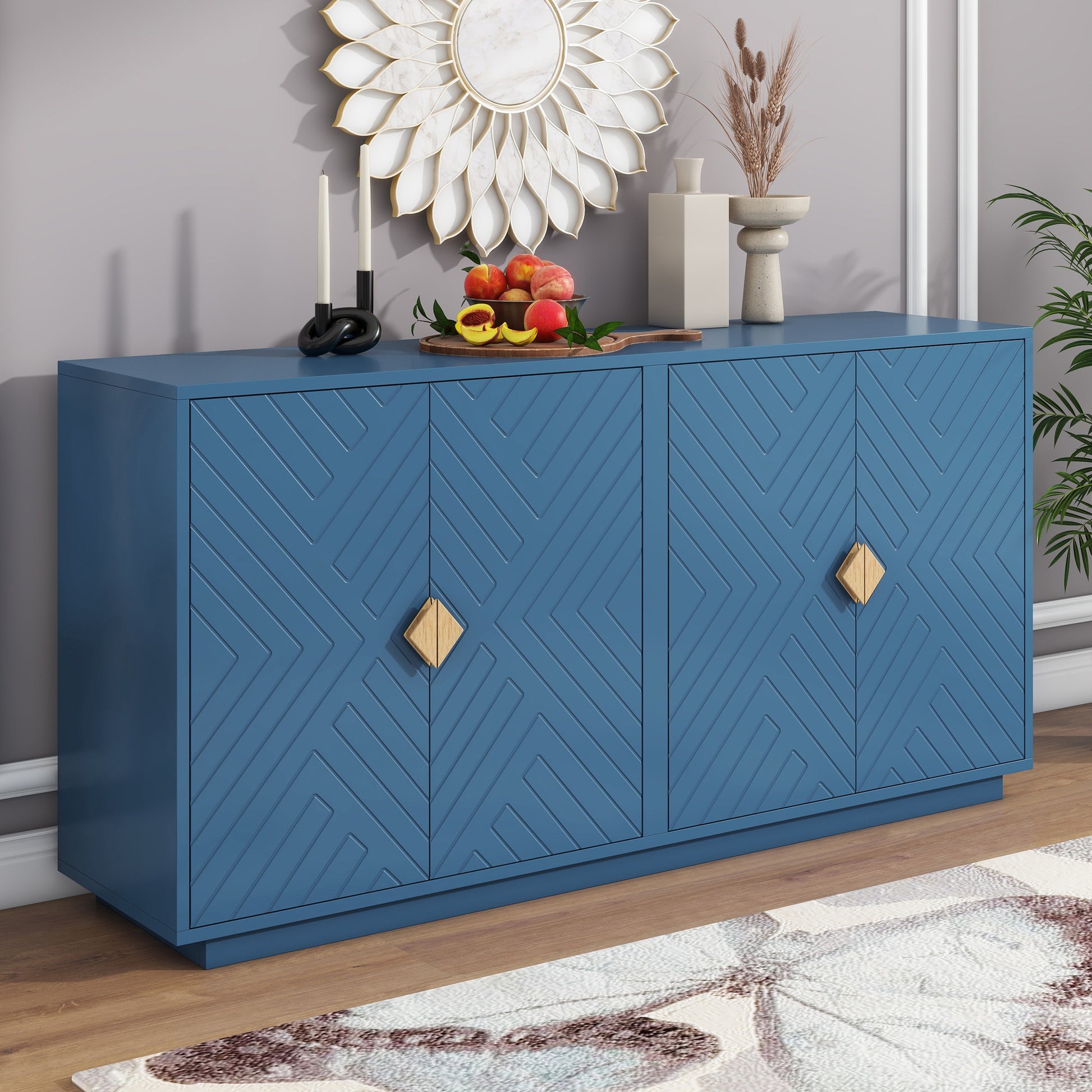 Modern Functional Large Storage Space Sideboard With Wooden Triangular Handles And Adjustable Shelves For Living Room And Dining Room Navy Blue Navy Blue Mdf