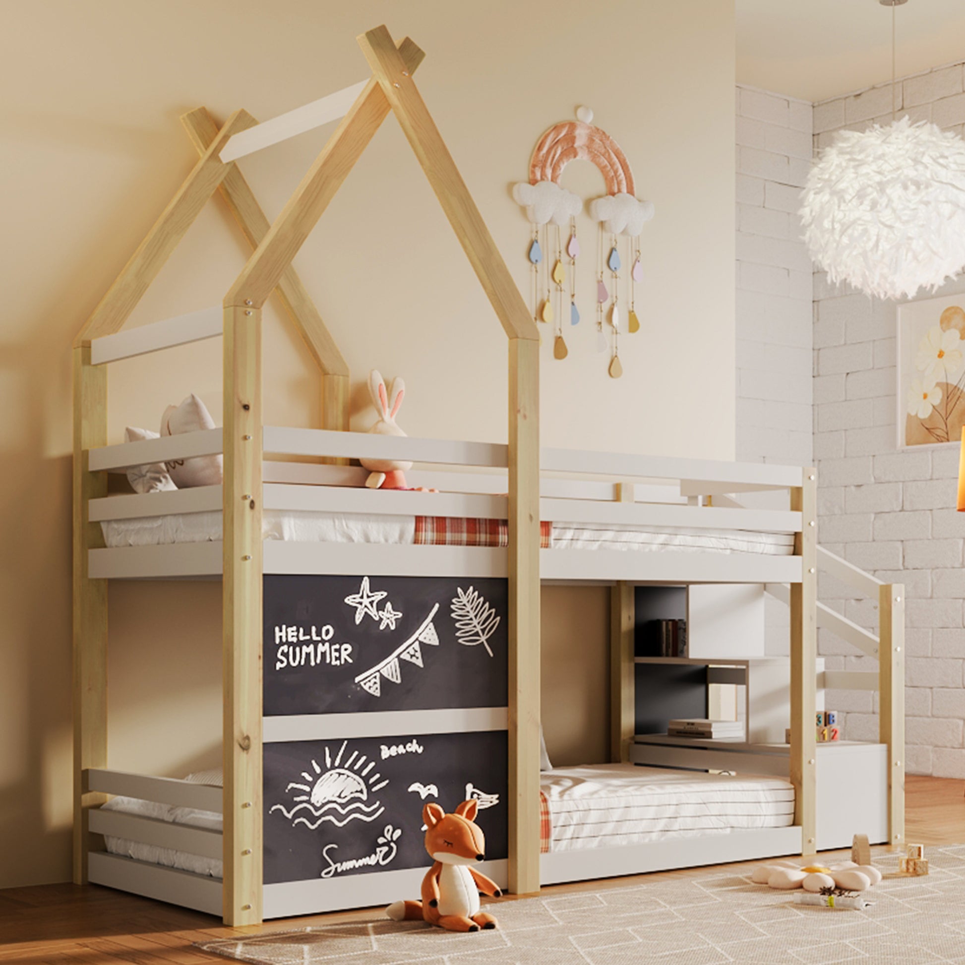 Twin Over Twin House Bunk Bed With White Storage Staircase And 2 Blackboards, White And Natural Box Spring Not Required Twin White Bed Frame Pine