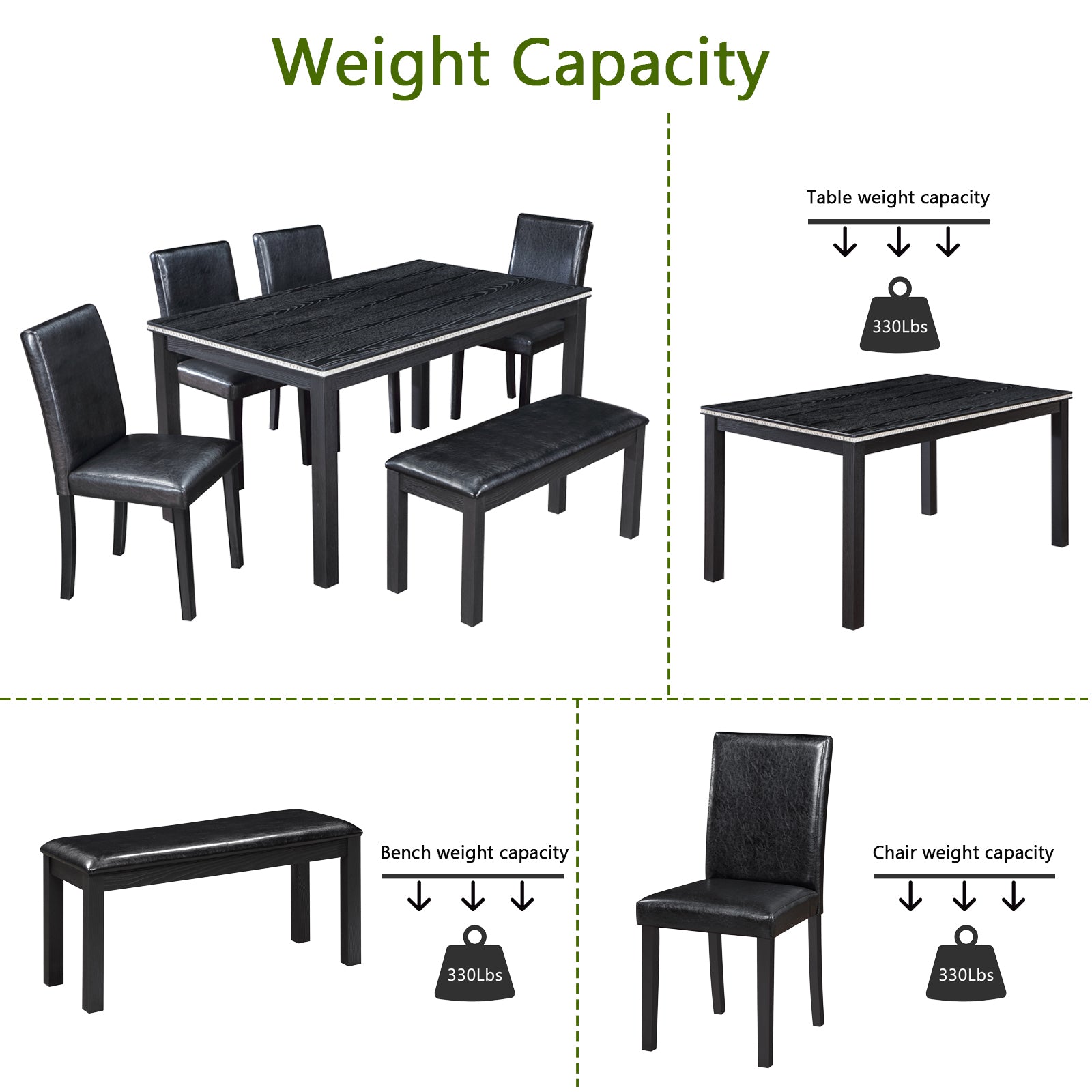 Wooden Dining Rectangular Table With Bench, Kitchen Table With Bench For Small Space, 6 Person Dining Table, Black Black Seats 6 Dining Room Rectangular 4 Leg Rectangular Dining Table With Chair And Bench Solid Wood Mdf