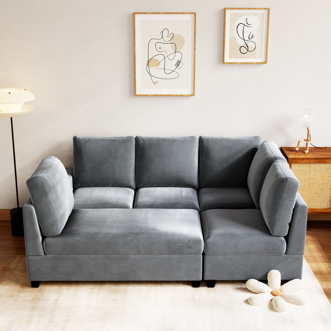 138*56" Modern L Shape Sectional Sofa, 6 Seat Velvet Fabric Couch With Convertible Chaise Lounge,Freely Combinable Indoor Furniture For Living Room, Apartment, Office,3 Colors Grey Velvet 6 Seat