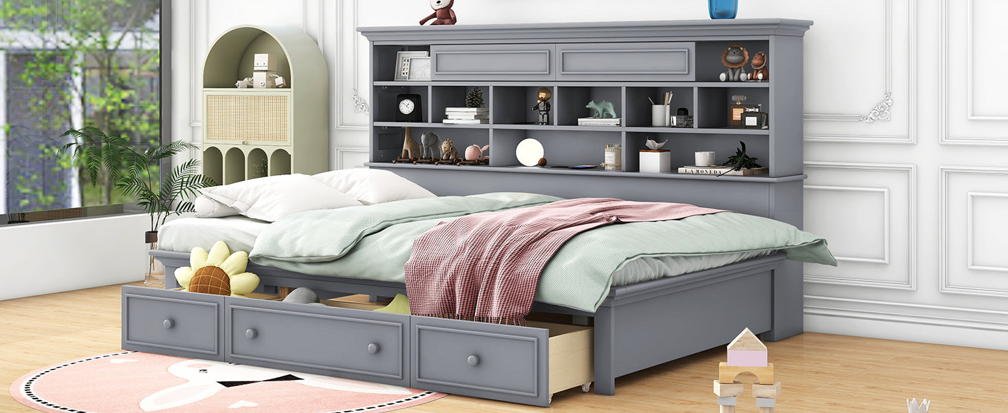 Twin Size Wood Daybed With Multi Storage Shelves, Charging Station And 3 Drawers, Gray Box Spring Not Required Twin Gray Wood Solid Wood Mdf