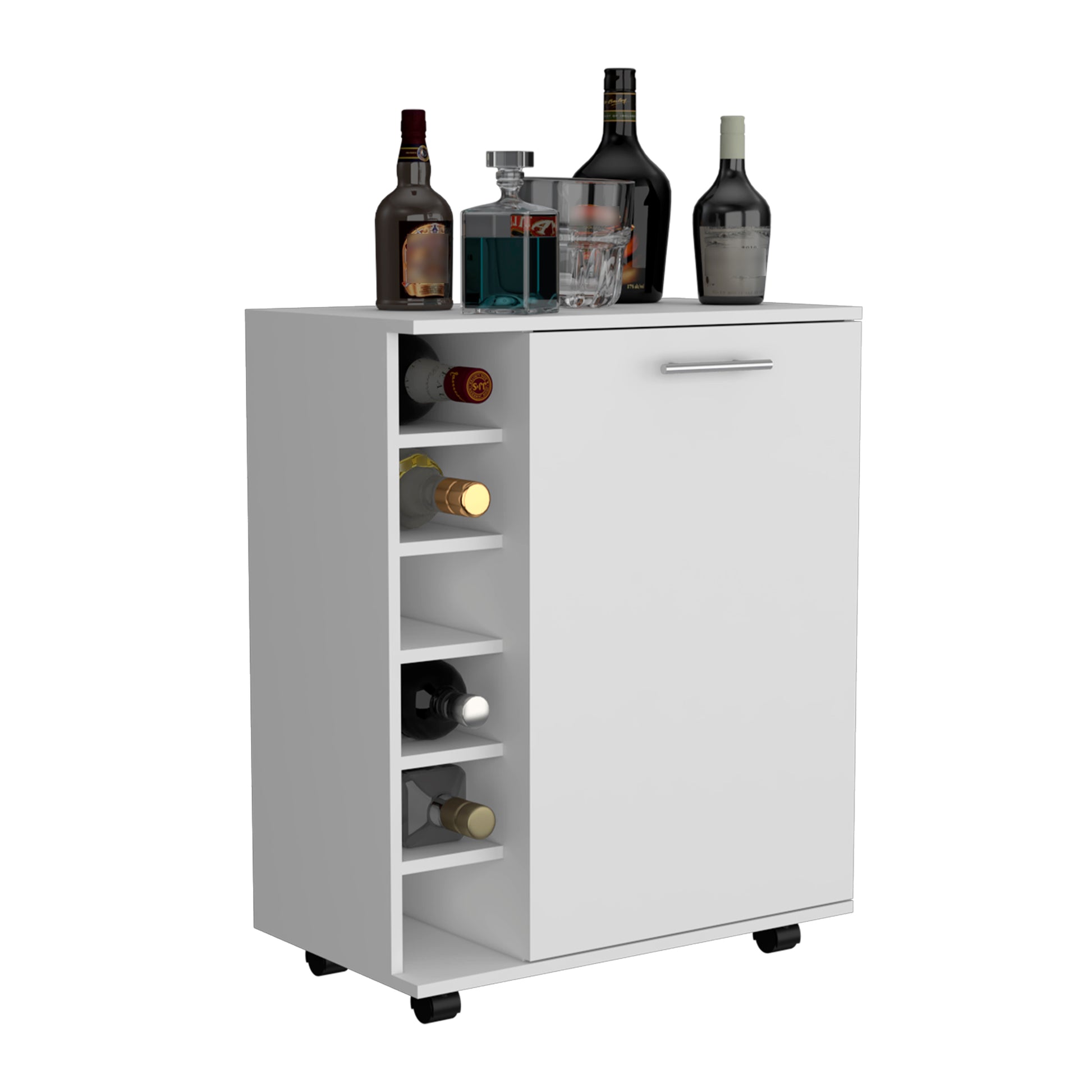 32" H White Bar Coffee Cart, Kitchen Or Living Room Cabinet Storage With 4 Wheels, With 6 Bottle Racks, A Central Shelf Covered By 1 Door, Ideal For Storing Glasses And Snacks White Particle Board