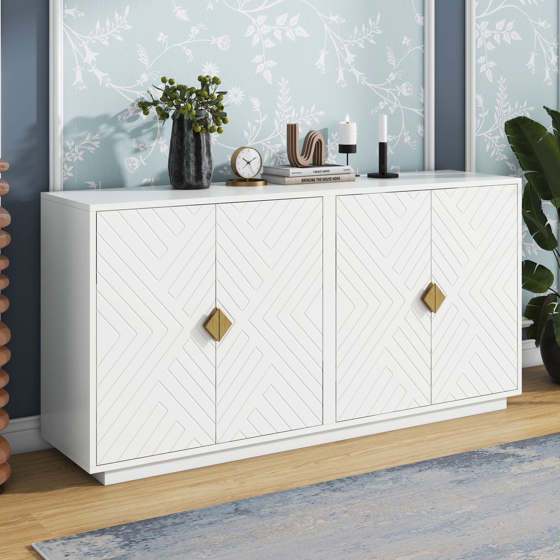 Modern Functional Large Storage Space Sideboard With Wooden Triangular Handles And Adjustable Shelves For Living Room And Dining Room White White Mdf