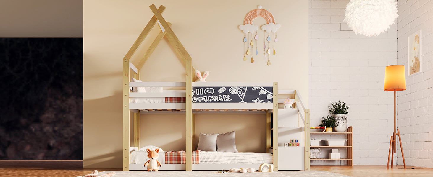 Twin Over Twin House Bunk Bed With White Storage Staircase And Blackboard, White And Natural Box Spring Not Required Twin White Bed Frame Pine