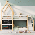 Twin Over Twin House Bunk Bed With White Storage Staircase And 2 Blackboards, White And Natural Box Spring Not Required Twin White Bed Frame Pine