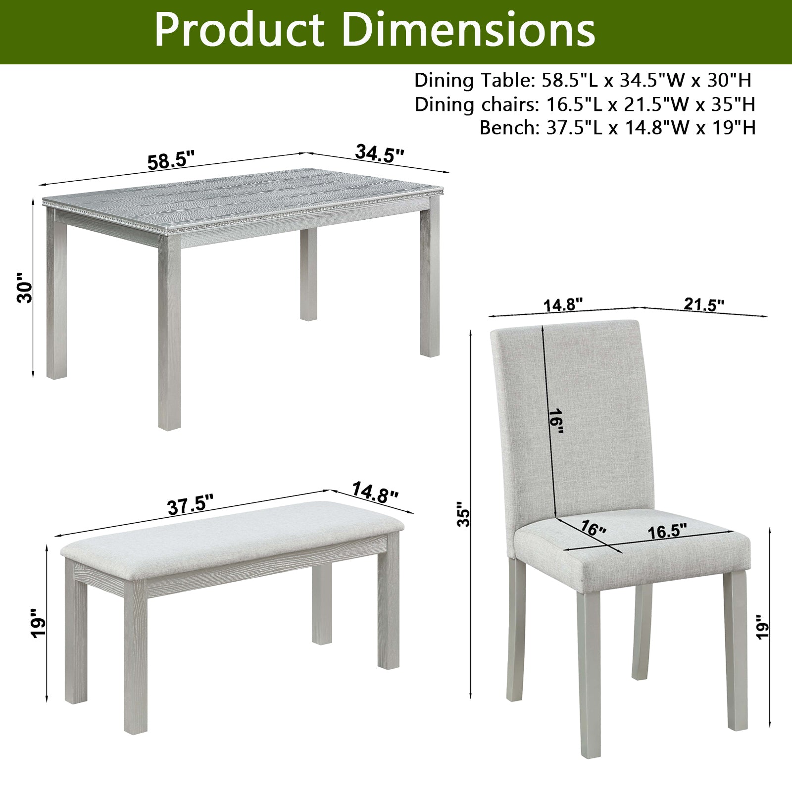 Wooden Dining Rectangular Table With Bench, Kitchen Table With Bench For Small Space, 6 Person Dining Table, Silver Grey Beige Silver Gray Seats 6 Dining Room Rectangular 4 Leg Rectangular Dining Table With Chair And Bench Solid Wood Mdf