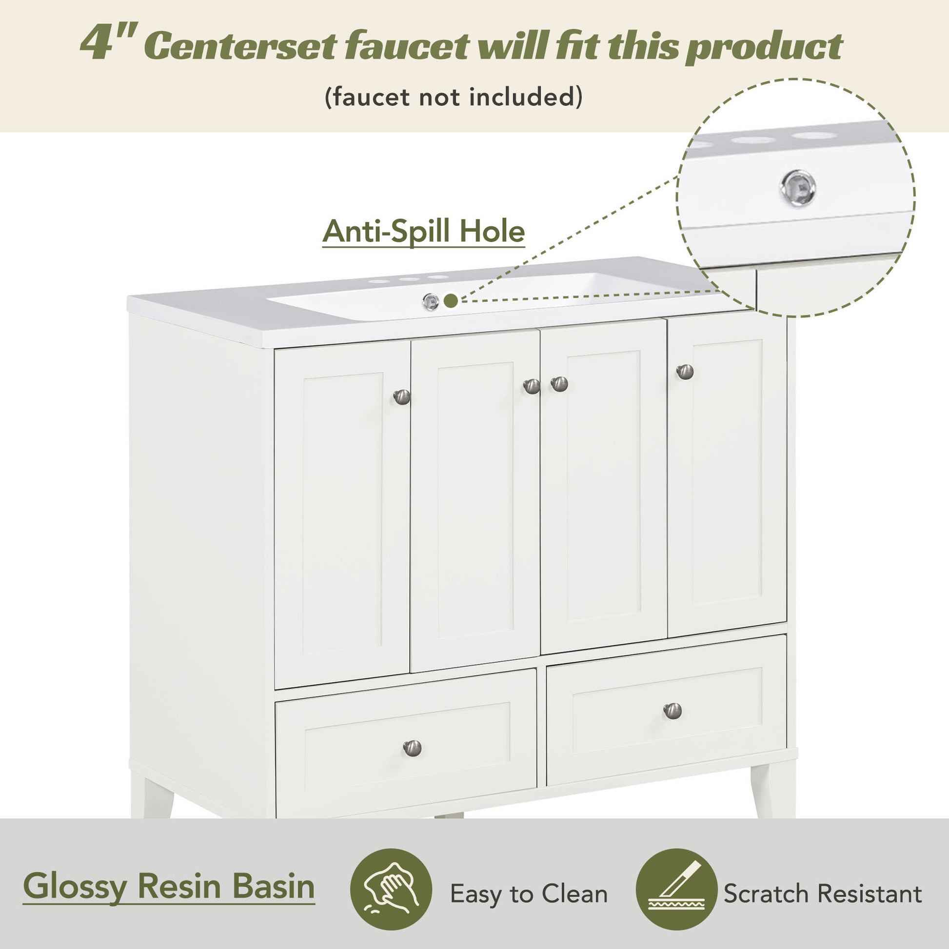 36'' Bathroom Vanity With Resin Sink Combo,Solid Wood Frame Bathroom Storage Cabinet, Freestanding Vanity Set With 4 Soft Closing Doors& 2 Drawers 2 White 4 5 Adjustable Shelves Bathroom Freestanding Solid Wood Mdf Resin Painted