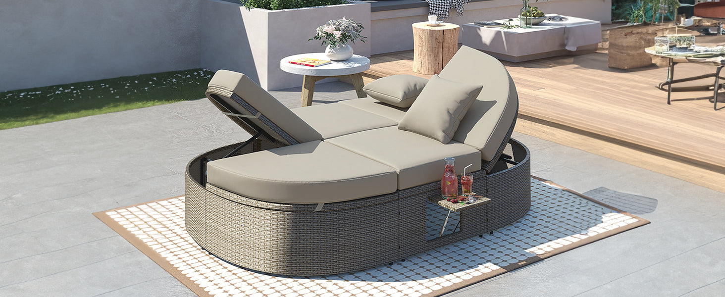 Outdoor Sun Bed Patio 2 Person Daybed With Cushions And Pillows, Rattan Garden Reclining Chaise Lounge With Adjustable Backrests And Foldable Cup Trays For Lawn,Poolside, Gray Yes Complete Patio Set Gray Weather Resistant Frame Water Resistant Cushion