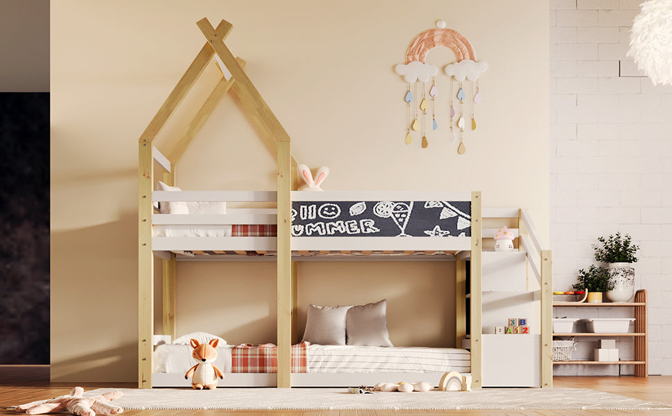 Twin Over Twin House Bunk Bed With White Storage Staircase And Blackboard, White And Natural Box Spring Not Required Twin White Bed Frame Pine