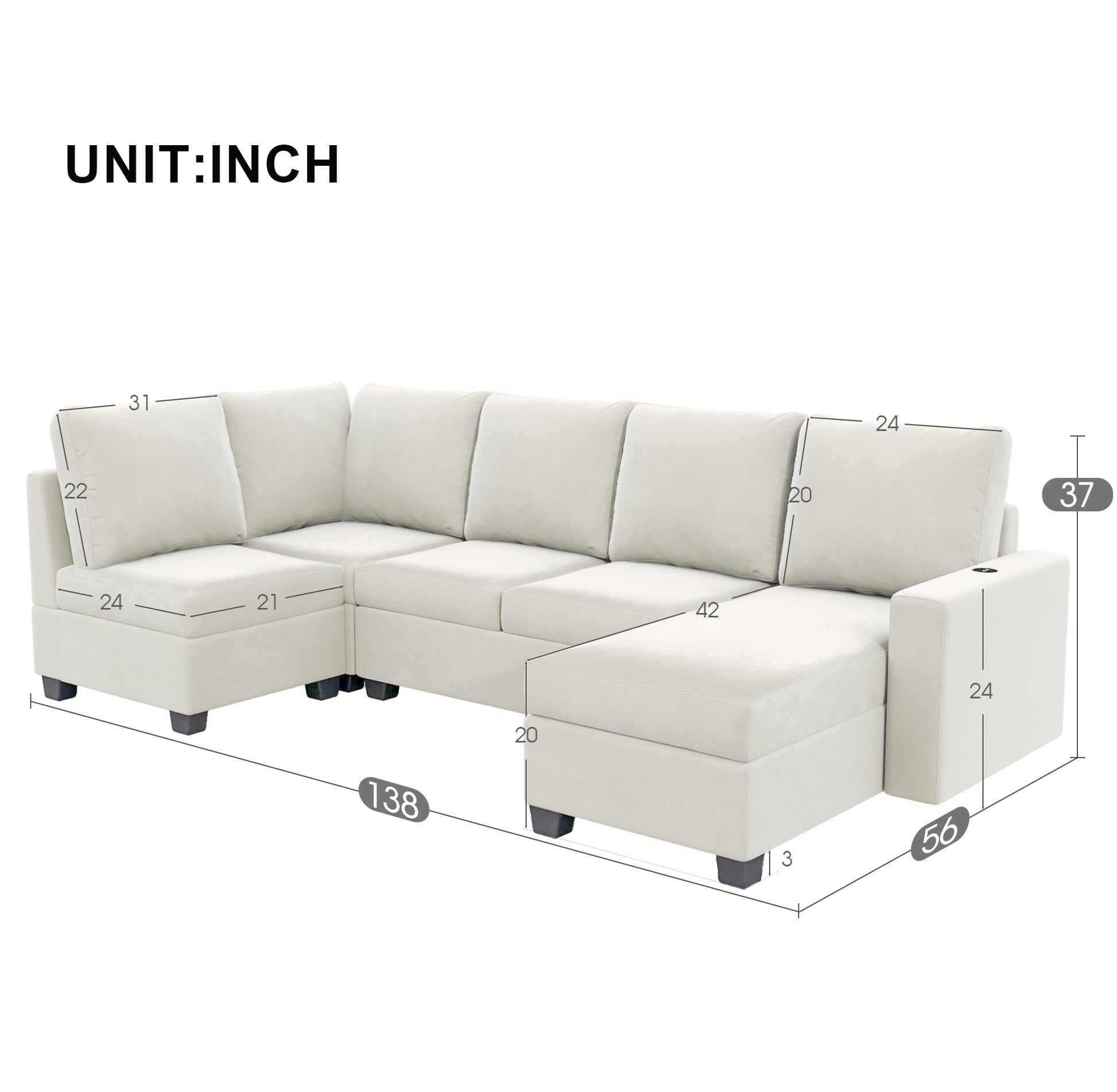 138*56" Modern L Shape Sectional Sofa, 6 Seat Velvet Fabric Couch With Convertible Chaise Lounge,Freely Combinable Indoor Furniture For Living Room, Apartment, Office,3 Colors Cream Velvet 6 Seat