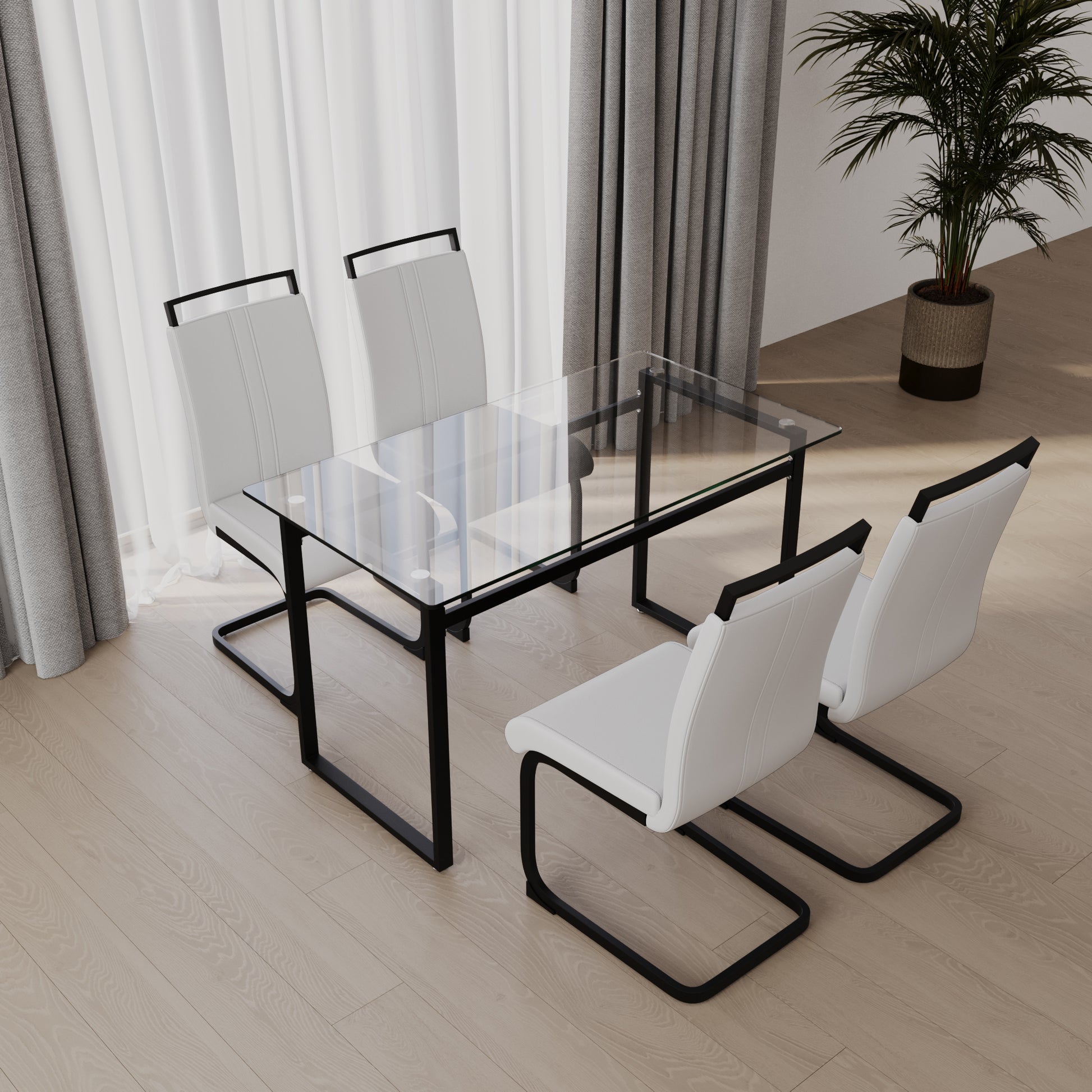 51 Inch Glass Dining Table Set For 4, Dining Table & Chair Sets With Black Metal Legs For Kitchen, Modern Rectangle Tempered Glass Table Top And Pu Dining Armless Chair For Dining Room Transparent Glass
