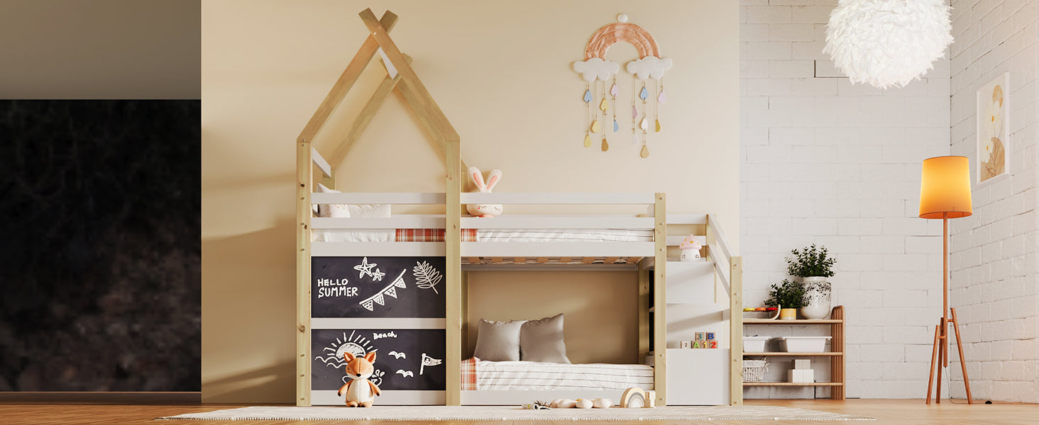 Twin Over Twin House Bunk Bed With White Storage Staircase And 2 Blackboards, White And Natural Box Spring Not Required Twin White Bed Frame Pine