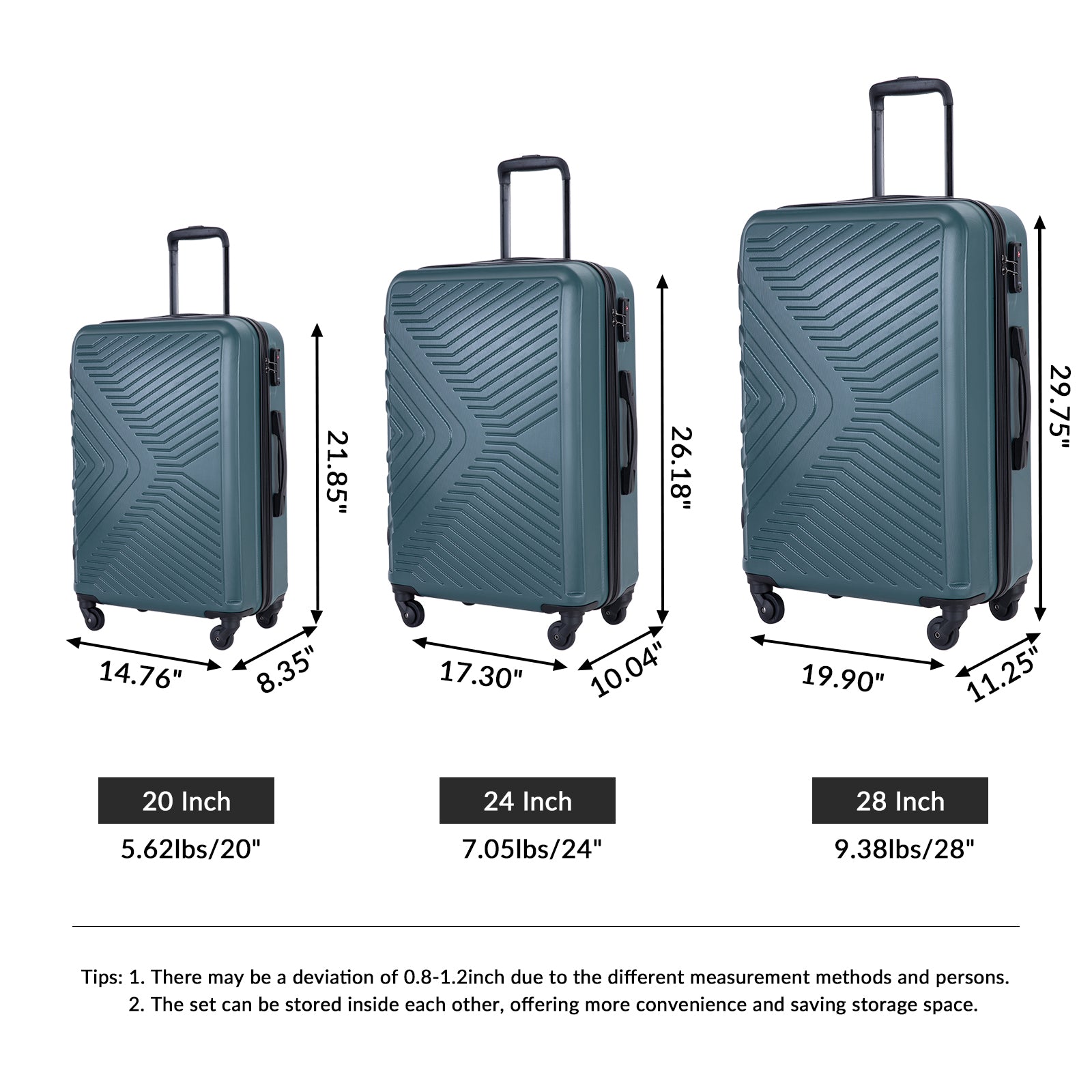 3 Piece Luggage Sets Abs Lightweight Suitcase With Two Hooks, Spinner Wheels, Tsa Lock, 20 24 28 , Dark Green Dark Green Abs