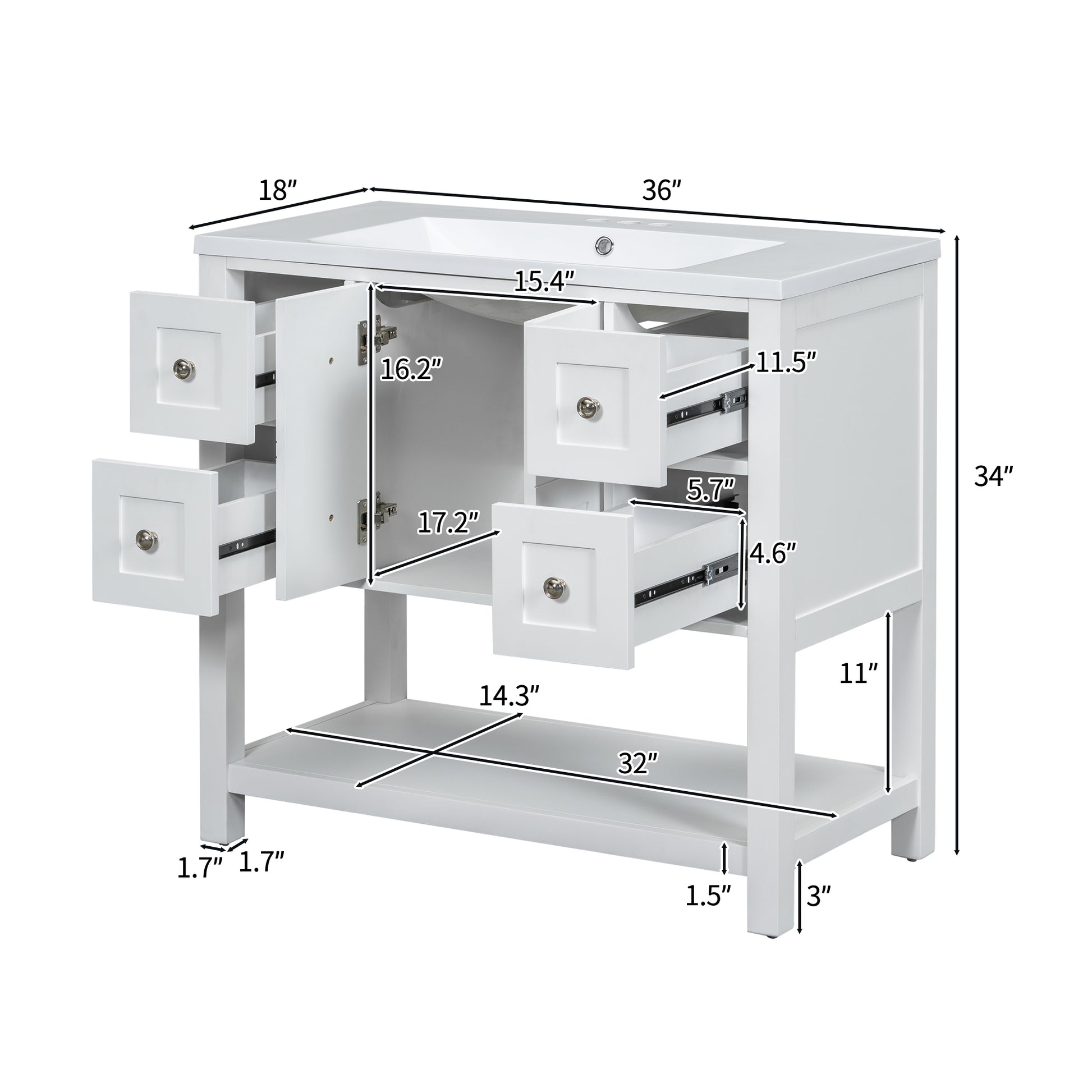 36'' Bathroom Vanity With Undermount Sink,Free Standing Vanity Set With 4 Drawers& Soft Closing Doors,Solid Wood Frame Bathroom Storage Cabinet 4 White 2 2 Adjustable Hinges Bathroom Freestanding Solid Wood Mdf Resin Painted