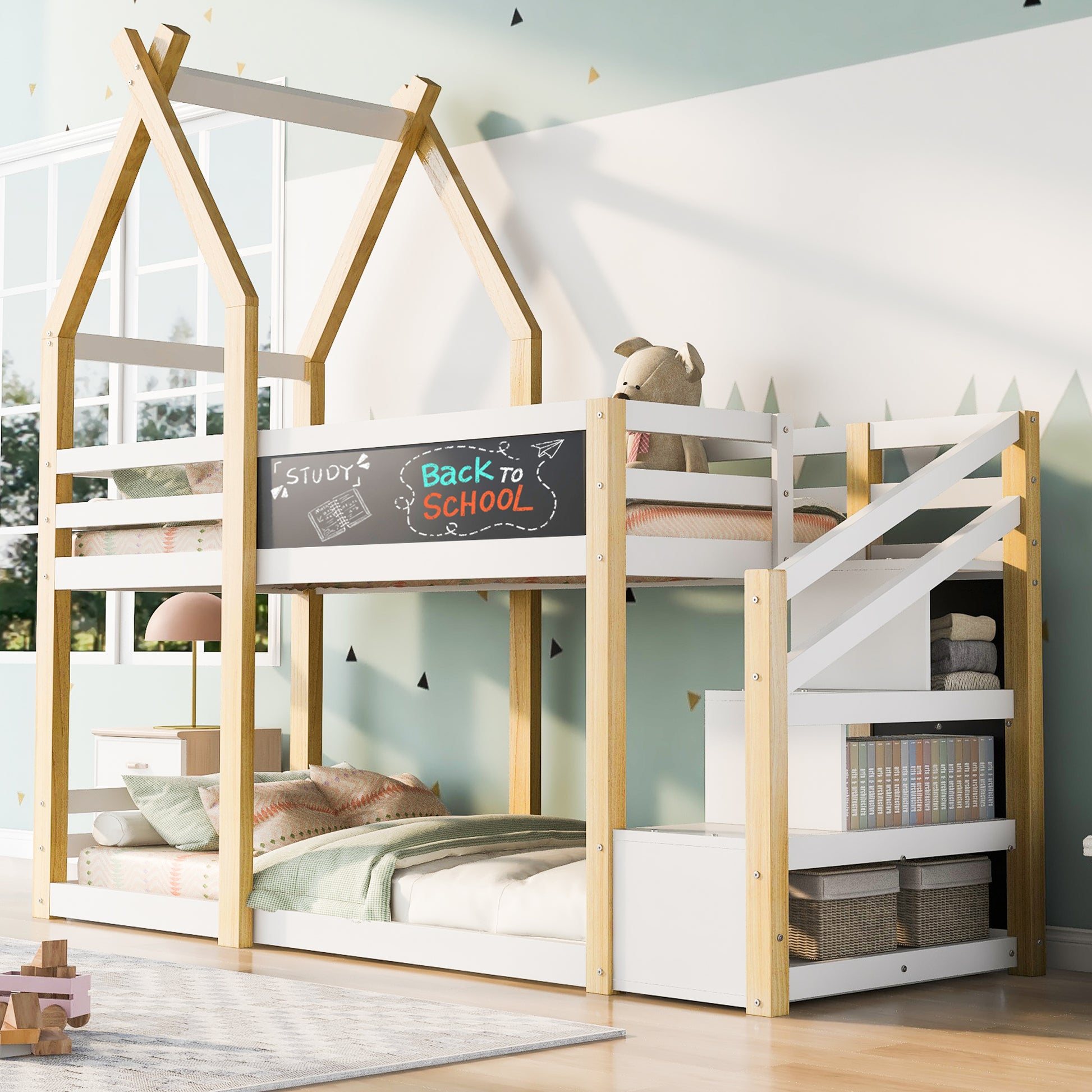 Twin Over Twin House Bunk Bed With White Storage Staircase And Blackboard, White And Natural Box Spring Not Required Twin White Bed Frame Pine