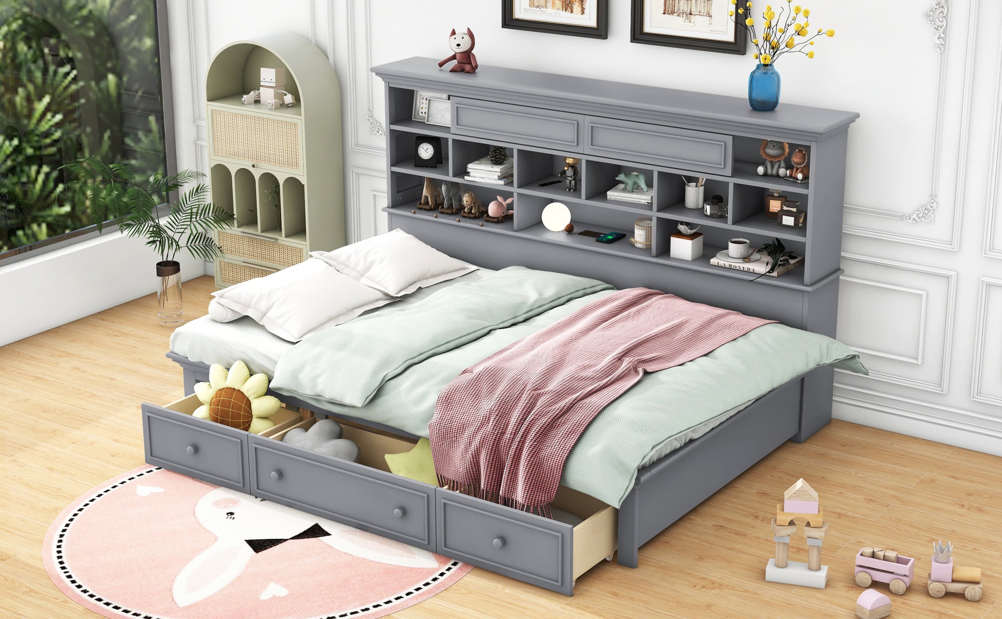 Twin Size Wood Daybed With Multi Storage Shelves, Charging Station And 3 Drawers, Gray Box Spring Not Required Twin Gray Wood Solid Wood Mdf