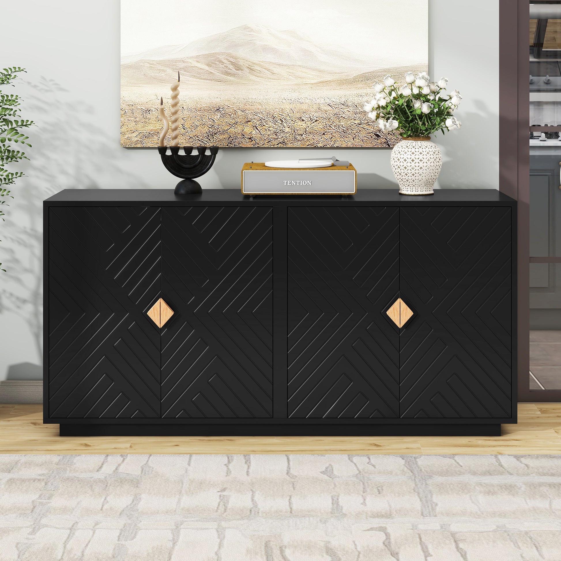 Modern Functional Large Storage Space Sideboard With Wooden Triangular Handles And Adjustable Shelves For Living Room And Dining Room Black Black Mdf